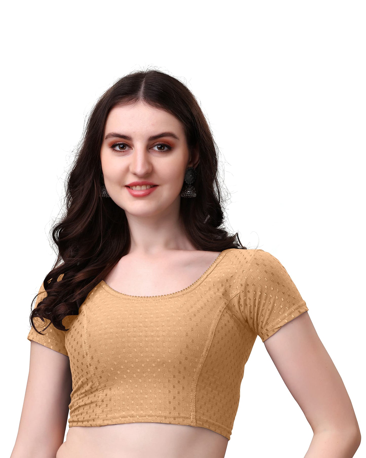 Kipzy Women's Cotton Stretchable Saree Blouse – Round Neck, Short Sleeves, Readymade Slim Fit Blouse for Women 40 Beige