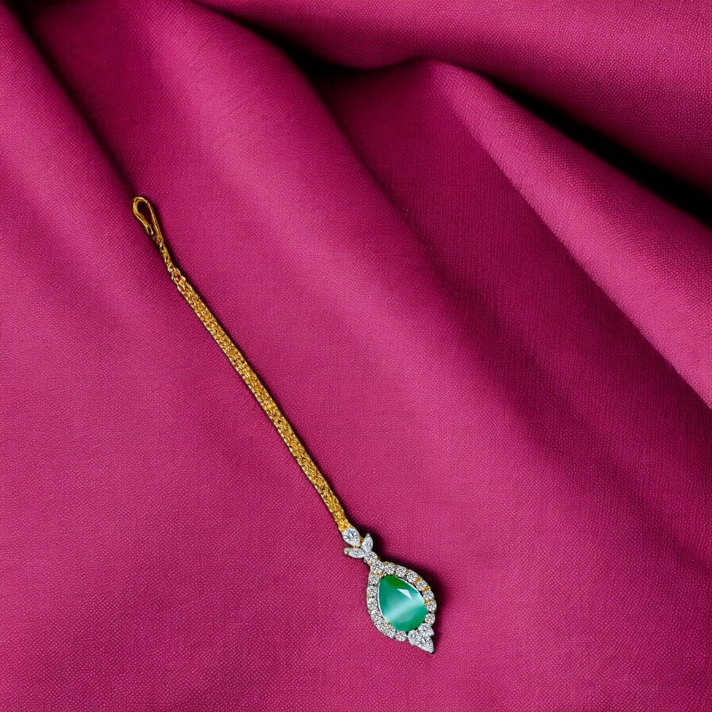 Traditional Indian Maang Tikka, Gold-Plated Chain American Diamond CZ Stones For Girls and Women (Mint Diamond)