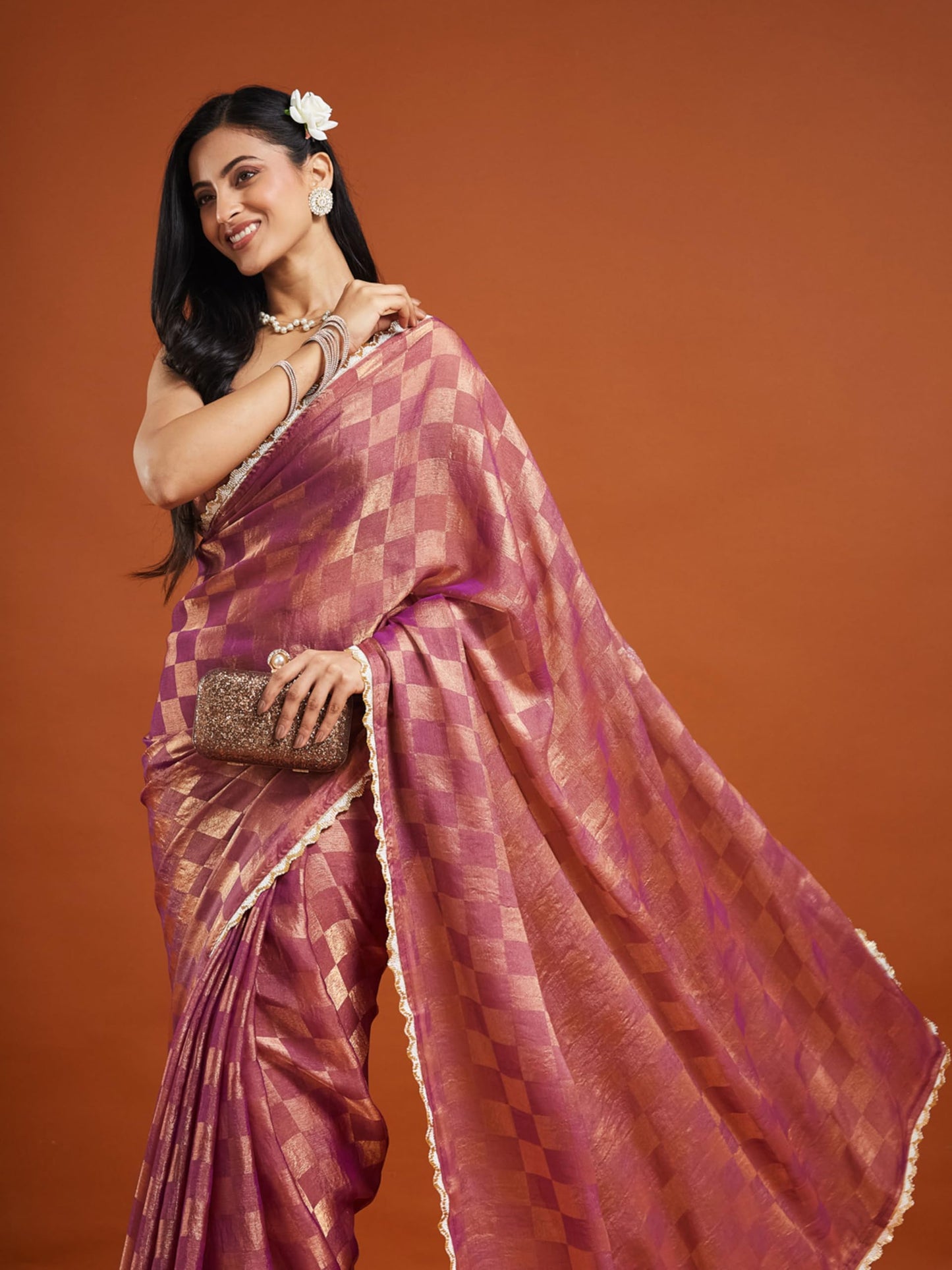 LOROFY Women's Zimmy Choo Silk Blend Saree with Sequin Embroidered Lace Border, Checked Zari Detailing & Unstitched Banglori Blouse Piece (Fandy Box 0.2-Wine_Wine_Free Size)
