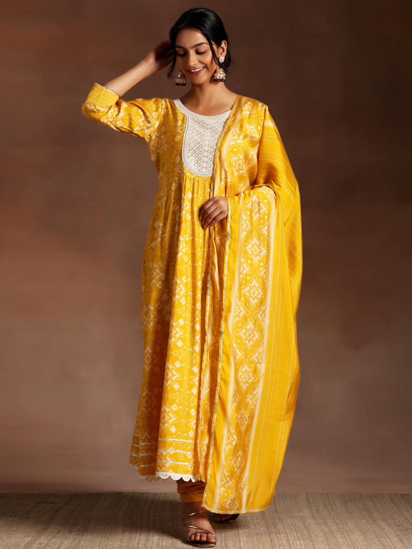 Libas Mustard Printed Silk Blend Anarkali Kurta With Churidar & Dupatta
