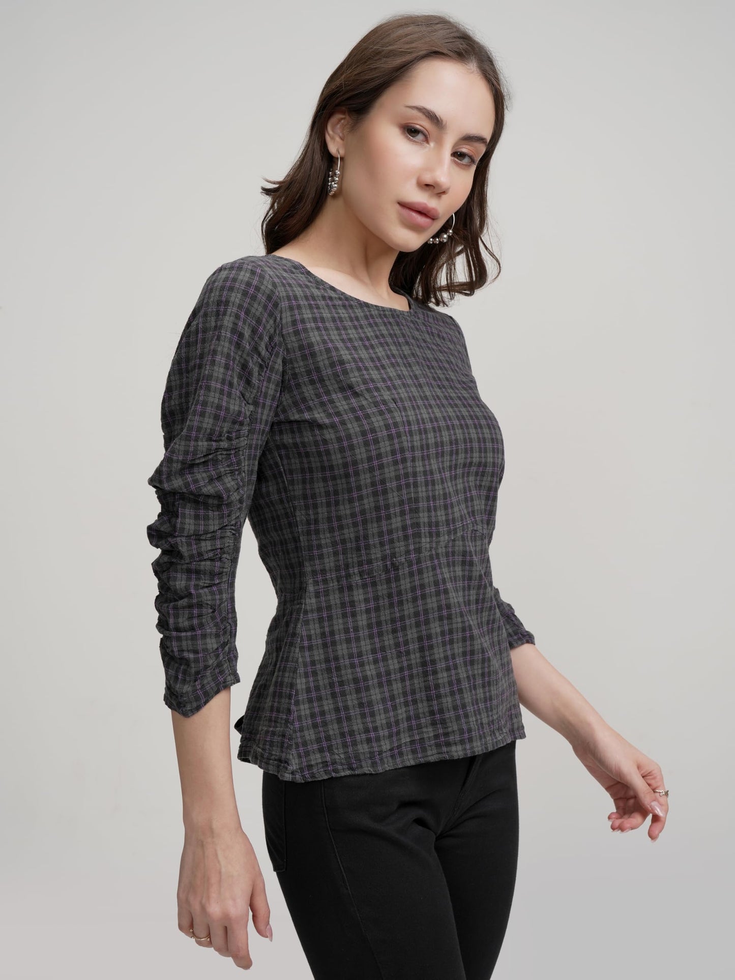 Tokyo Talkies Women's Checked Pure Cotton Styled Back Top | Boat Neck & 3/4 Sleeves | Comfortable & Stylish | Perfect for Casual Days | Tops for Woman | Women Tops | Stylish Top