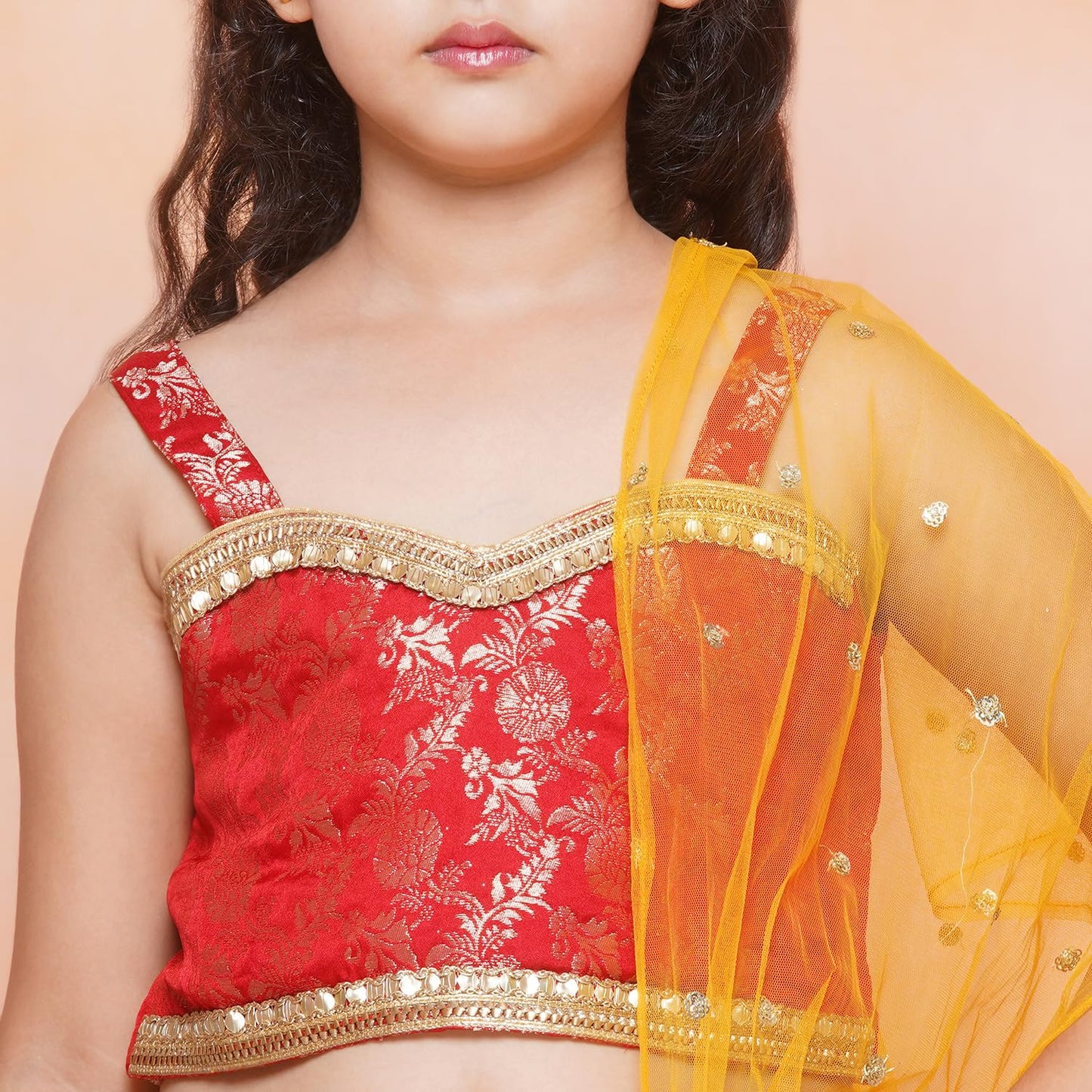 AJ DEZINES Kids Ethnic Wear Jacquard Brasso Printed Sleeveless Yellow Lehenga Choli Set For Girls (G-LH11-YELLOW-38)