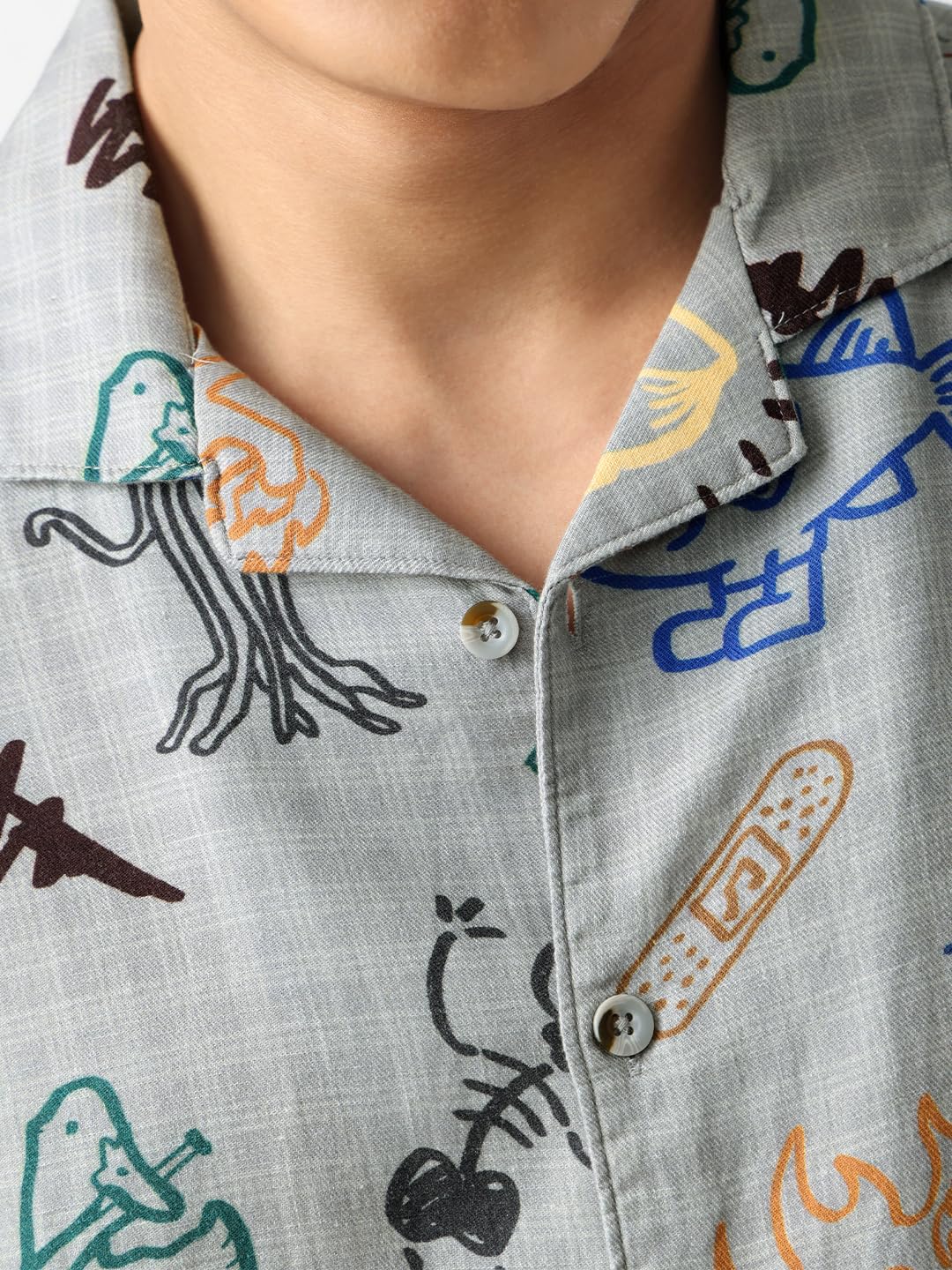 The Souled Store: Doodle Mayhem Men and Boys Short Sleeve Cuban Collar Button Front Grey Graphic Printed Cotton Oversized Shirt