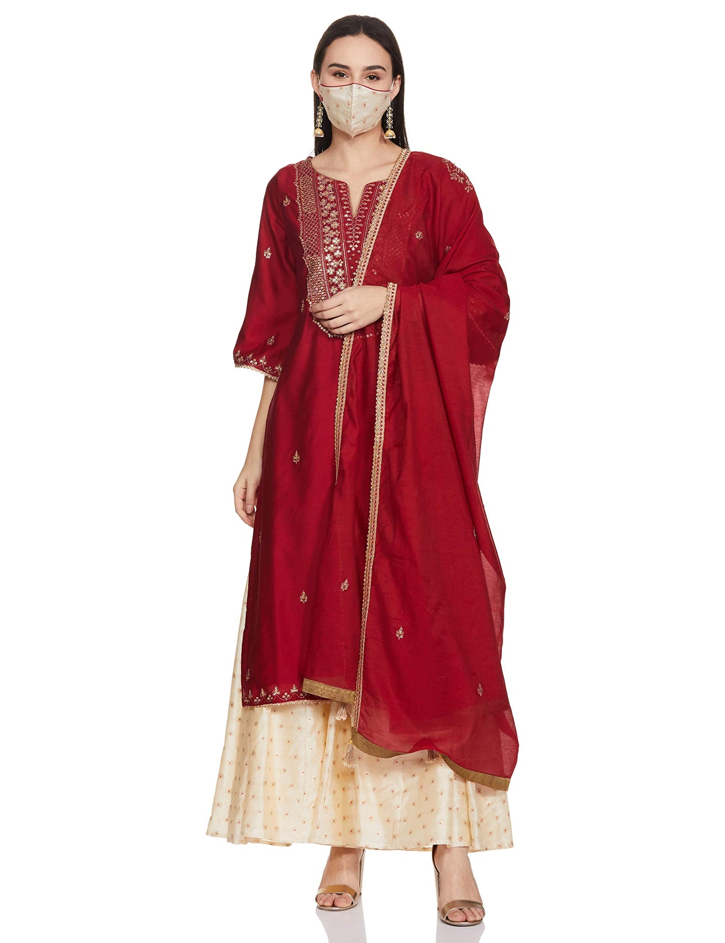 BIBA WOMEN SOLID RELAXED SALWAR KURTA DUPATTA(SKD6901_CHERRY RED_32)