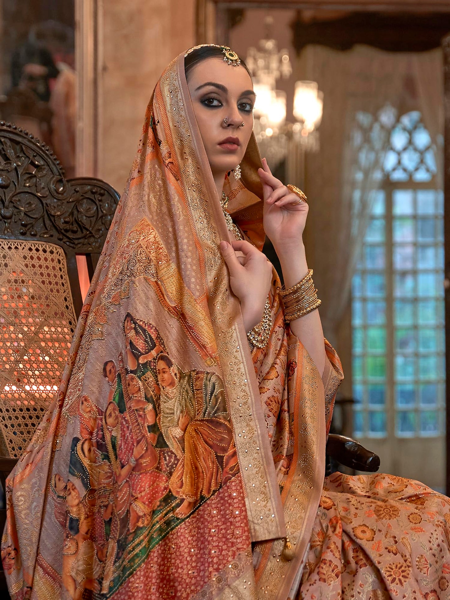 SAREE MALL Women's Botanical Printed Tassels and Latkans Banarasi Silk Saree With Unstiched Blouse Piece (Peach_PDMAVT695_RW)