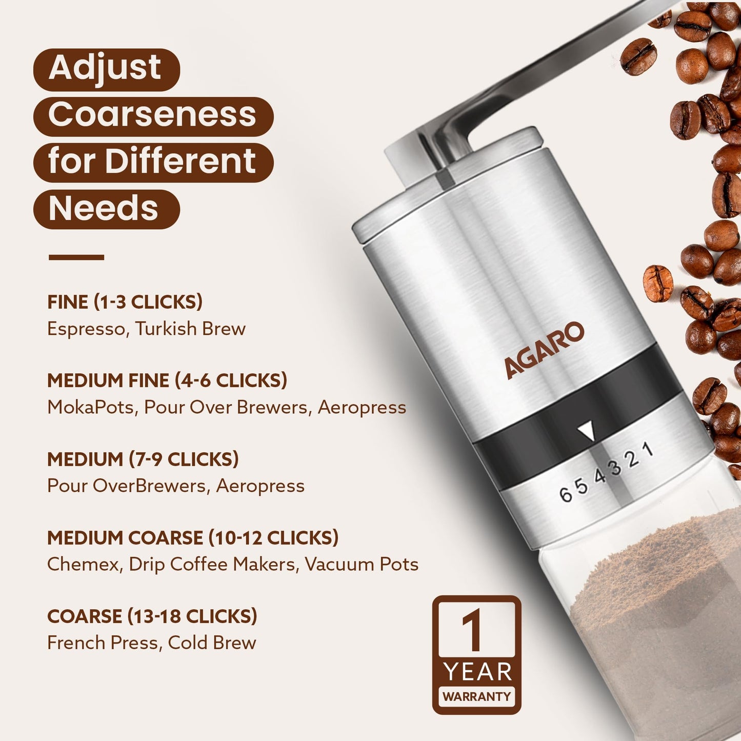 AGARO Elite Manual Coffee Grinder, Ceramic Grinder with Glass jar, 6 Adjustable Settings, Stainless Steel Body, Tooth Handle, No Power, Whole Bean, Drip Coffee, Espresso, Silver