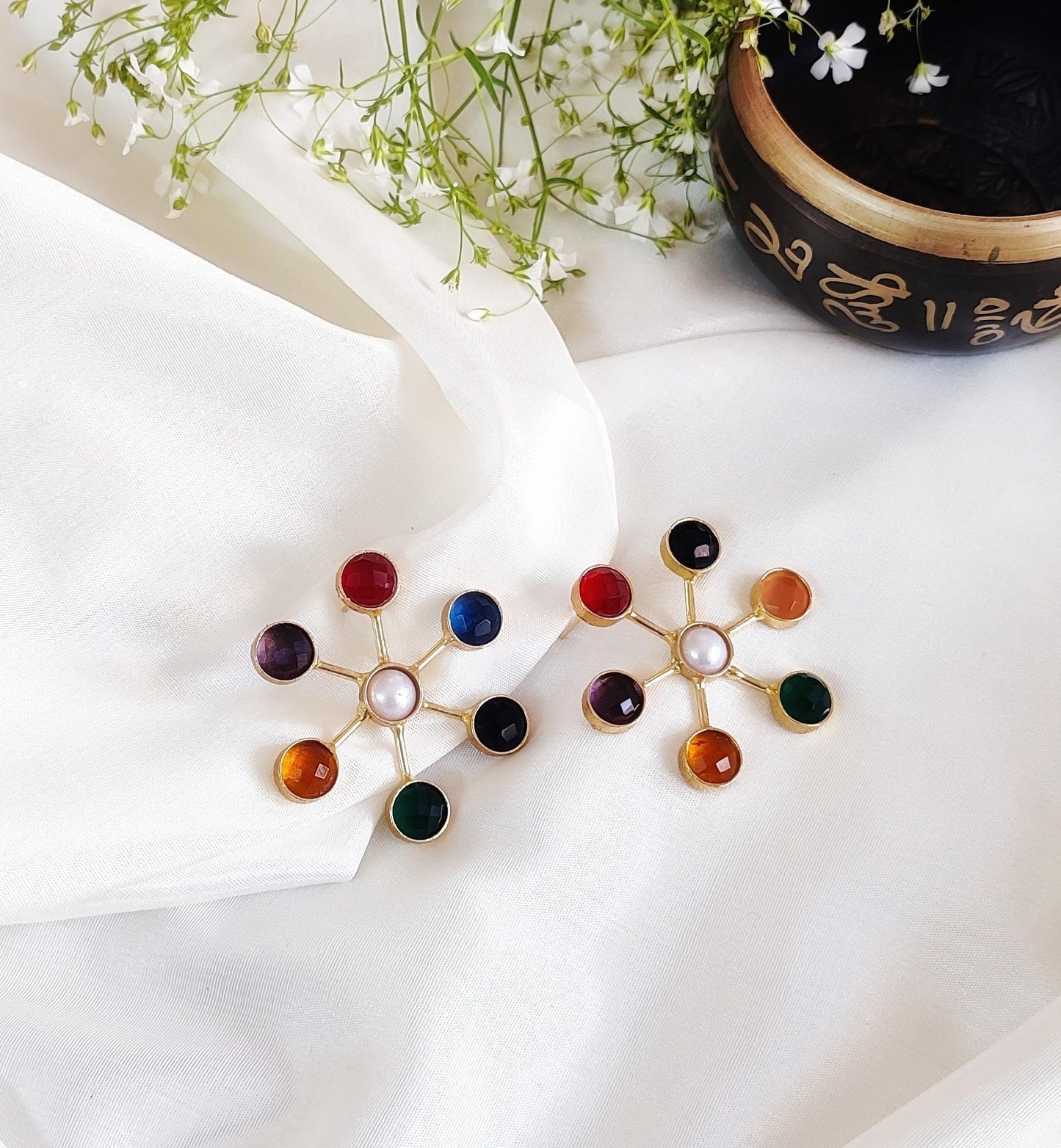 Jiaara Handcrafted Elegant Brass Sun Stone Earrings For Women