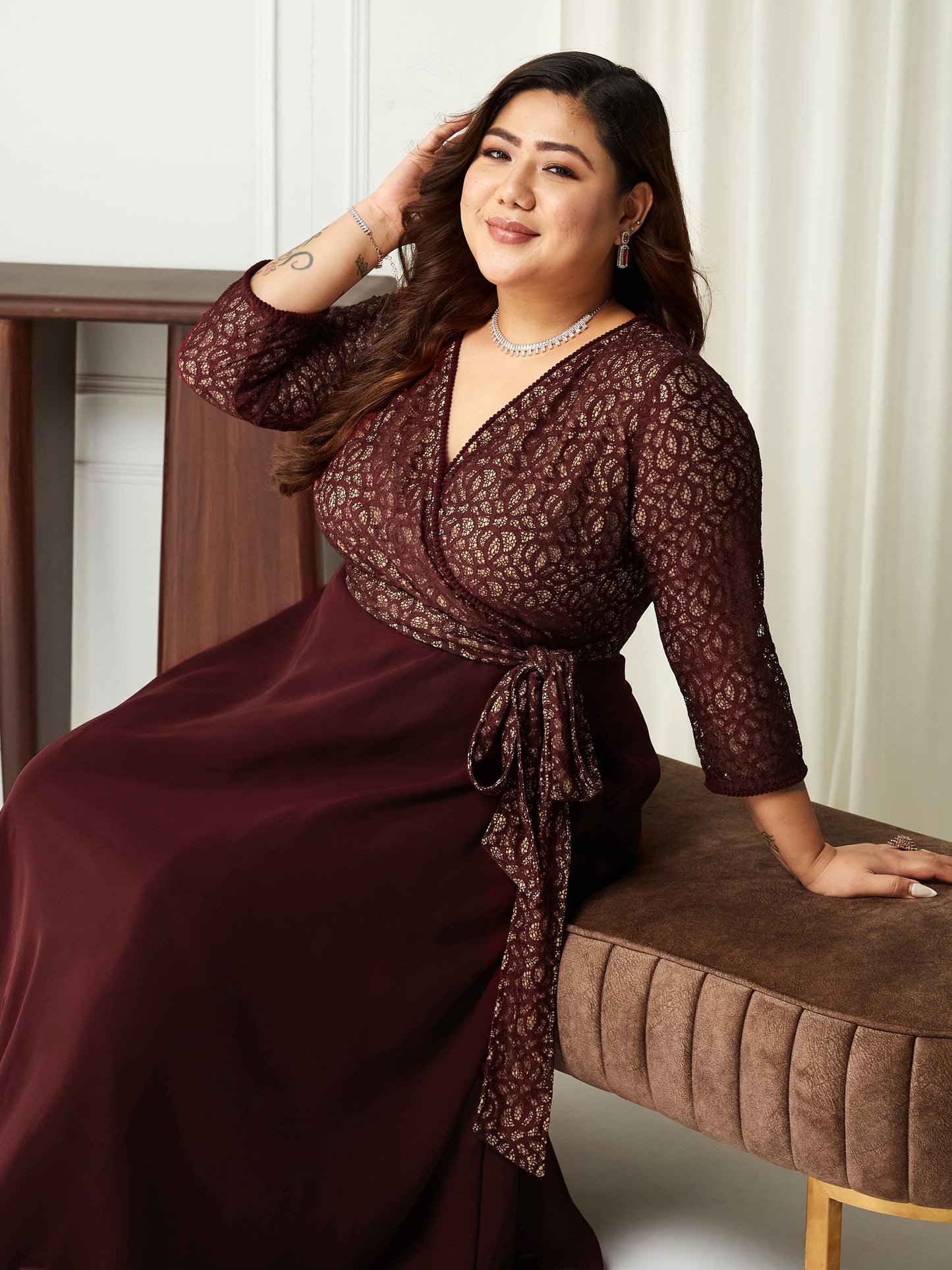 Miss Chase A+ Women's V-Neck 3/4 Sleeve Floral Wrap Maxi Dress (APSS21D14-67-758-08, Mulberry Wine, 3XL)