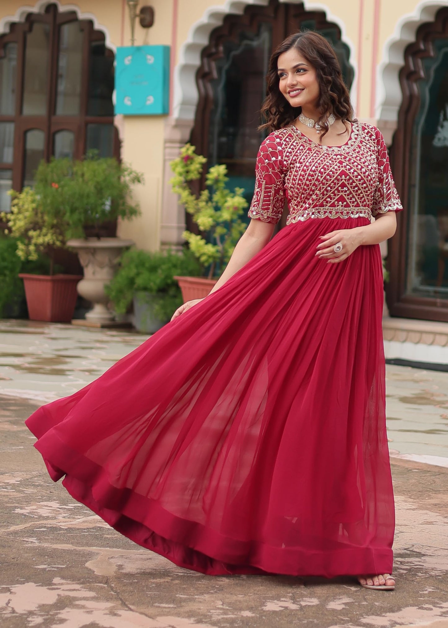 Fashion Basket Georgette Embroidered Anarkali Gown for Women Pink