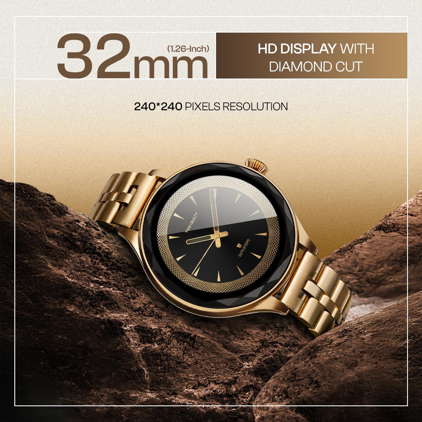 Fire-Boltt Phoenix Aura Women Smart Watch with 1.26” Diamond-Cut HD Display, Rotating Crown, Wireless Charging, Bluetooth Calling, Voice Assistant, 120+ Sports Modes - Regal Gold