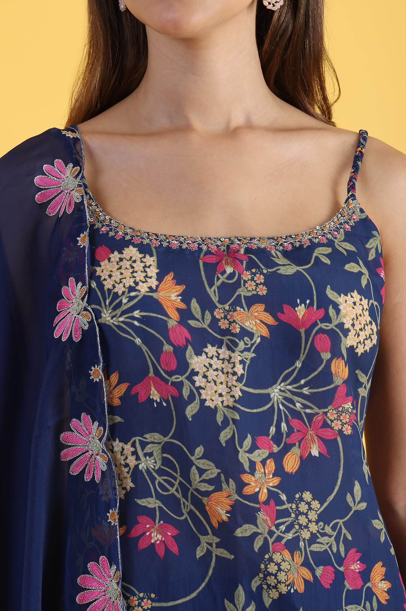 W for Woman Blue Printed Metallic Embroidery Straight Kurta & Sharara with Dupatta Set (Size: XL)-24AUWS11785-124320