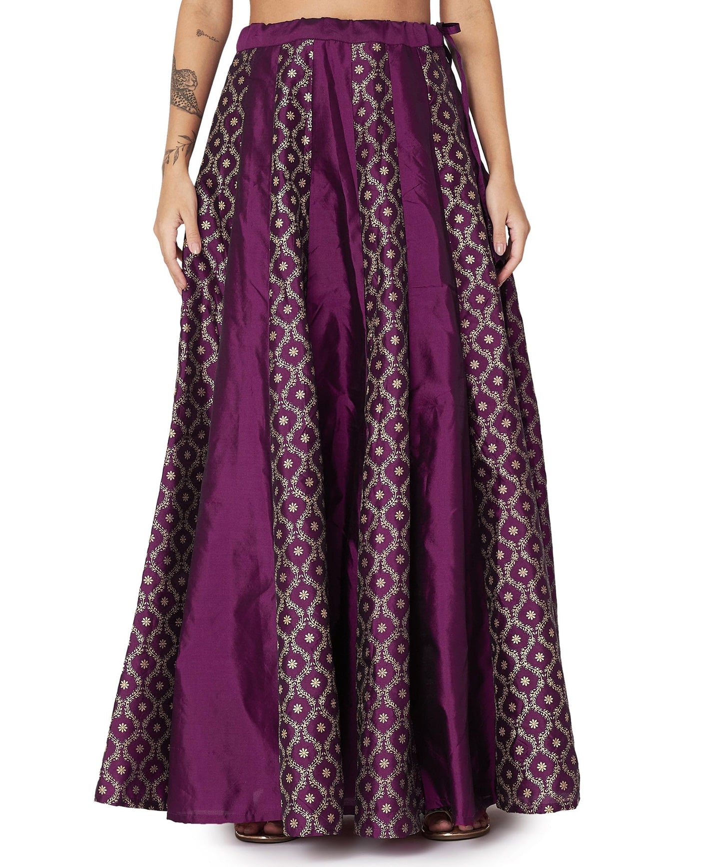 studio rasa Women's Silk Blend Block Printed Kalidaar Skirt for Wedding Festive Party (SKTC52401M_Purple_Medium)