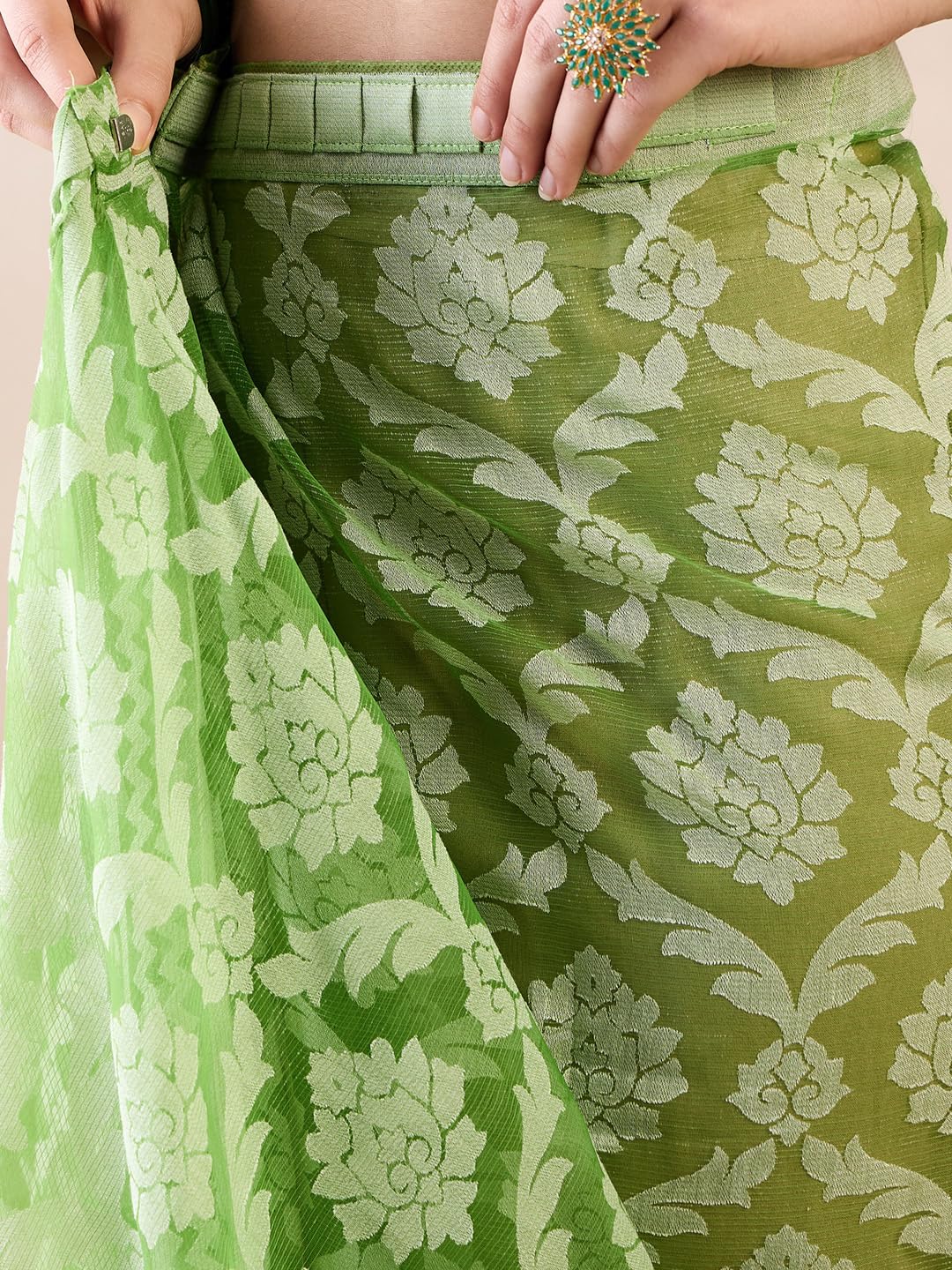 SAREE MALL Women's Green Brasso Floral Printed Ready To Wear one Minute Saree With Unstitched Blouse (RTWMSKR01E_HS)
