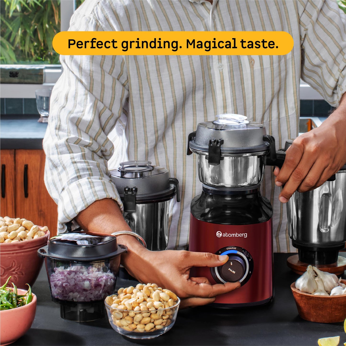 Atomberg Zenova Mixer Grinder | Unique Coarse Mode for Silbatta-like Texture | Intelligent BLDC Motor | Safety Features | 4 Jars including Chopper | Hands-Free Operation (Red Wine)