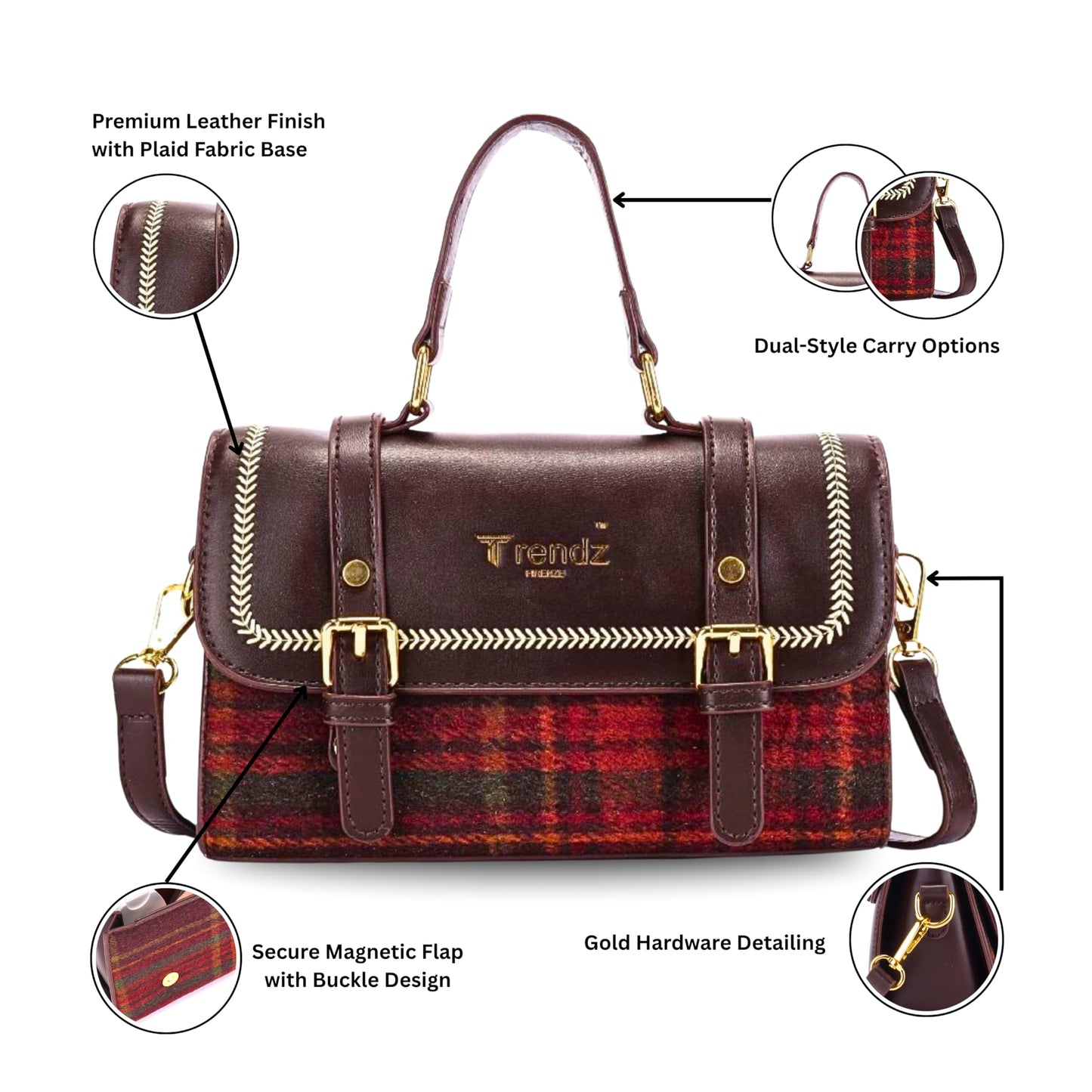 Trendz Firenze Bella Luxe – Womens Handbag, Sling Bag & Satchel | Premium Faux Leather & Fabric Shoulder Crossbody with Top Handle & Long Strap – Compact Luxury Bag