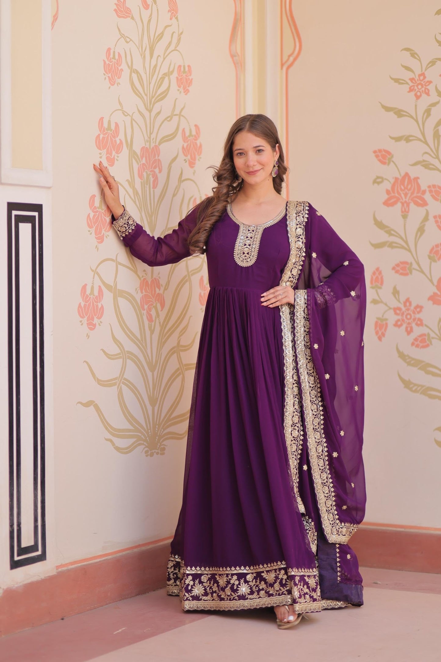 Mehervaa by vinni Purple Anarkali Suit with Gold Embroidery, Long Sleeve Ethnic Dress, Dupatta Included, Traditional Indian Wear (IN, Alpha, L, Regular)