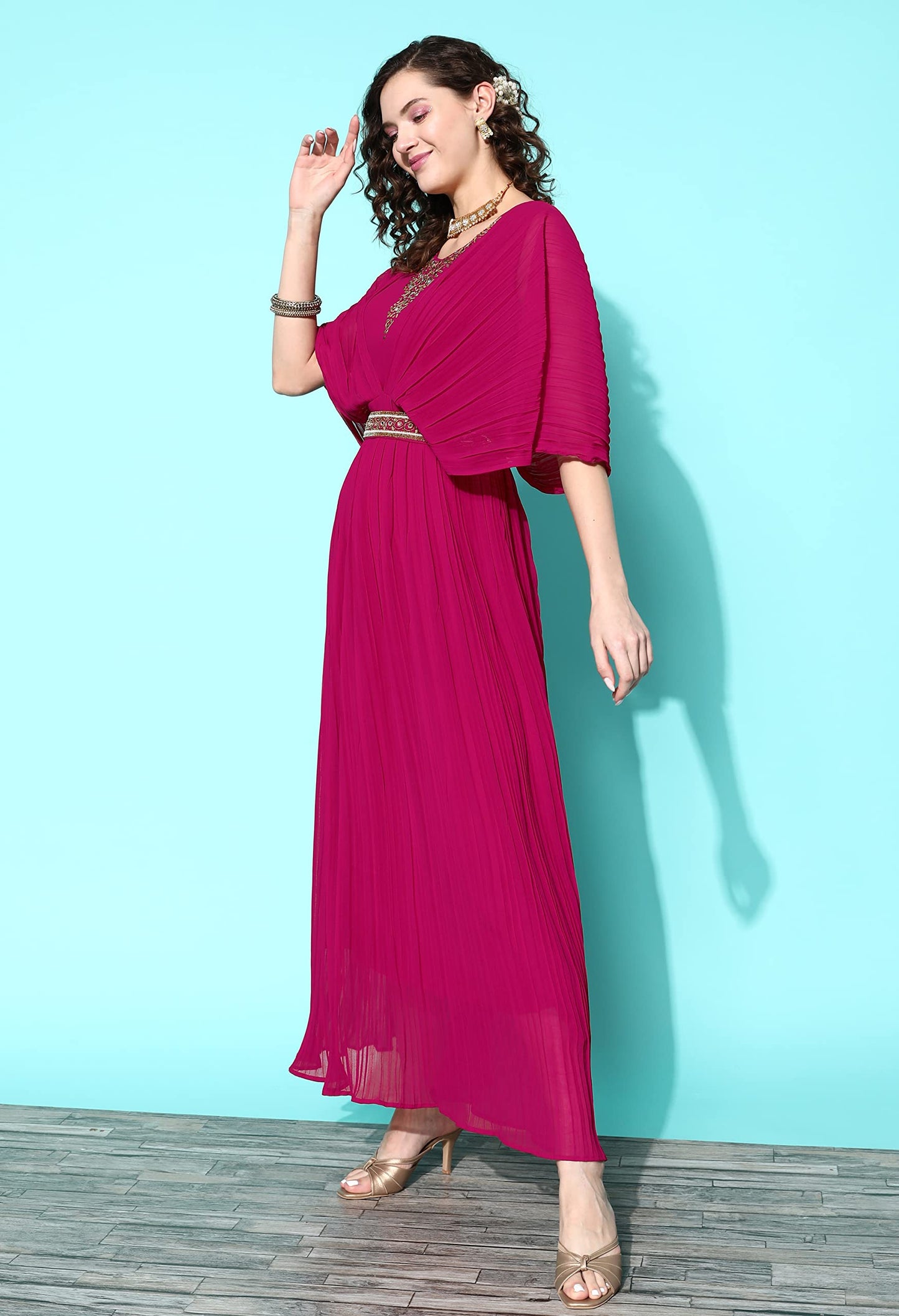 LYMI LABEL Western Gown For Women - Georgette Butterfly Sleeves Long Cinched Waist Gown Dress With Belt For Traditional, Indo Western, Ethnic Wear