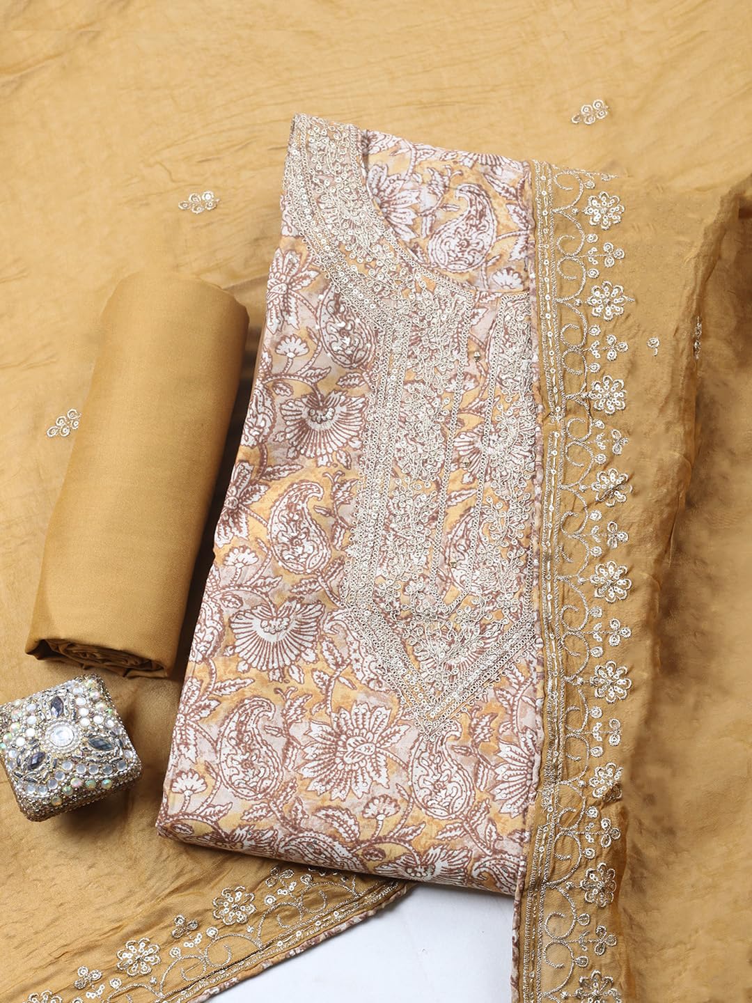 Meena Bazaar Printed Cotton Blend Mustard Unstitched Kurta with Bottom & Dupatta