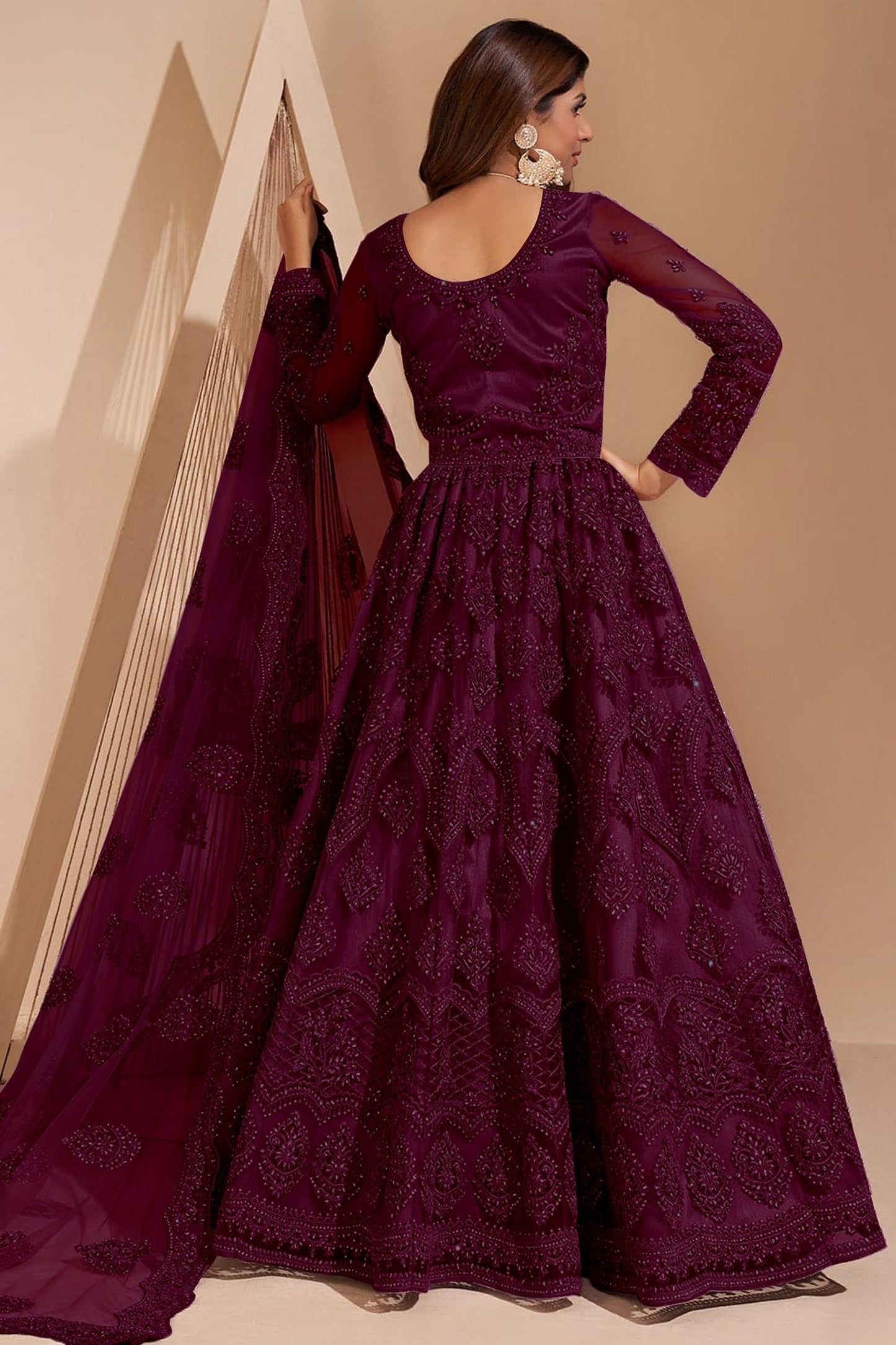 JULEE Women A-Line Maxi Net Embroidered Semi-Stitched Gown (Sunita Gown Dark Rani) 6XL