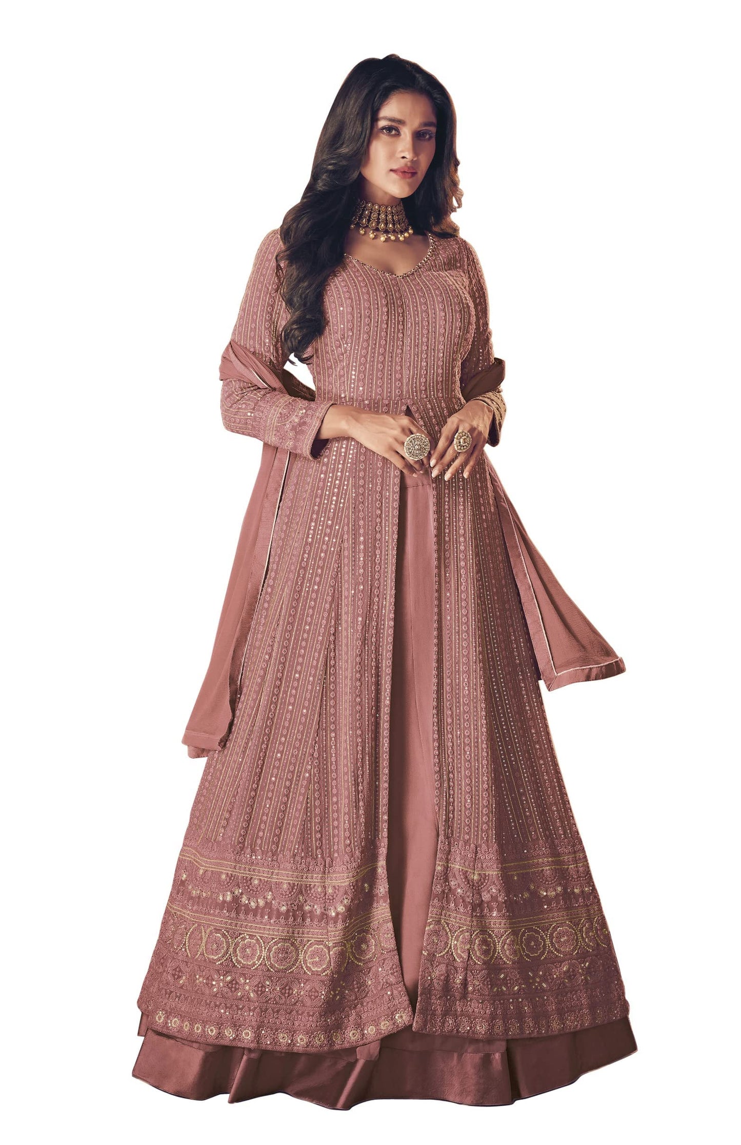 RUDRAPRAYAG Women Maxi Anarkali Georgette and Santoon Gown, 4XL, Peach
