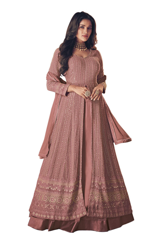 RUDRAPRAYAG Women Maxi Anarkali Georgette and Santoon Gown, 4XL, Peach