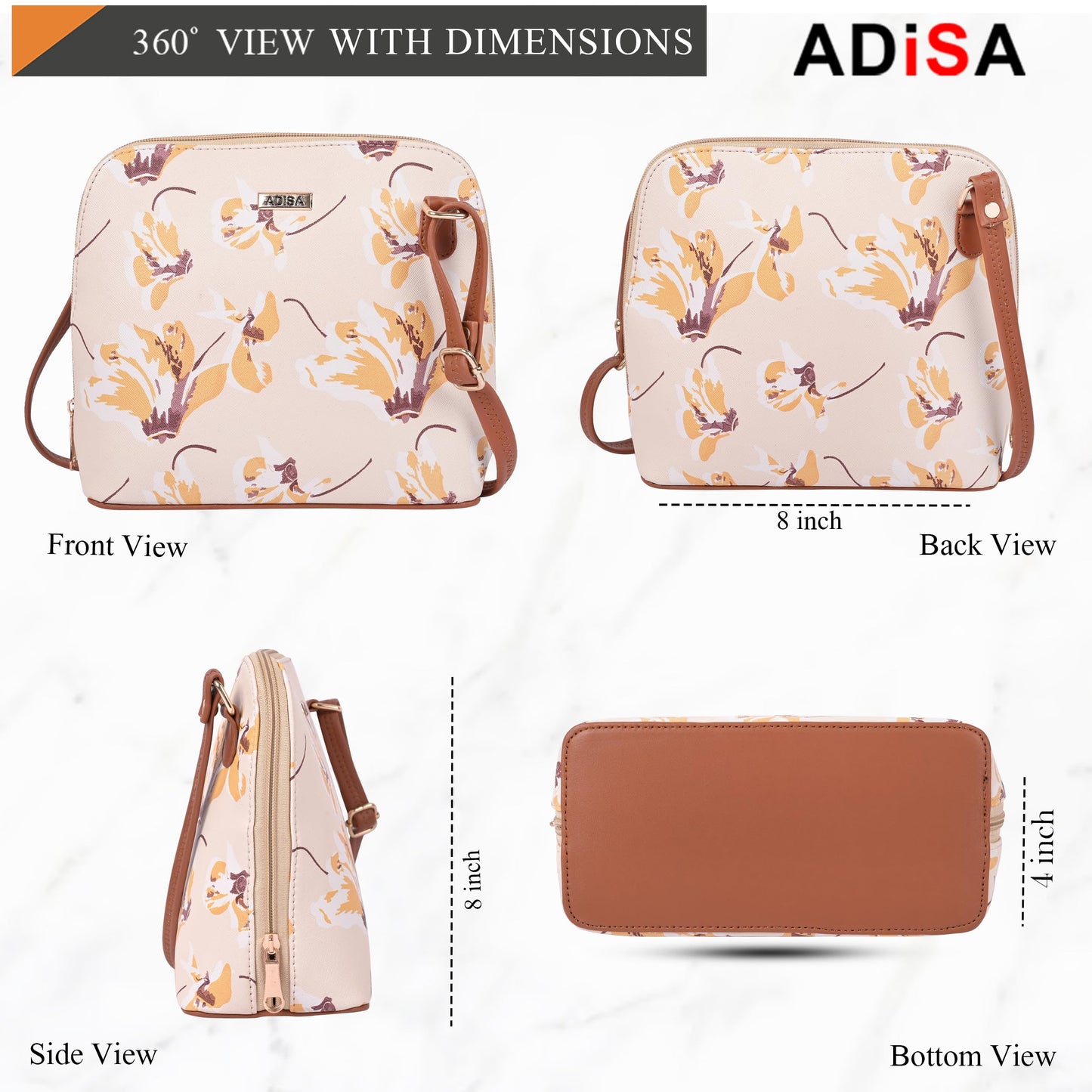 ADISA Women Girls Floral Print Faux Leather Sling Bag Crossbody (Off White)