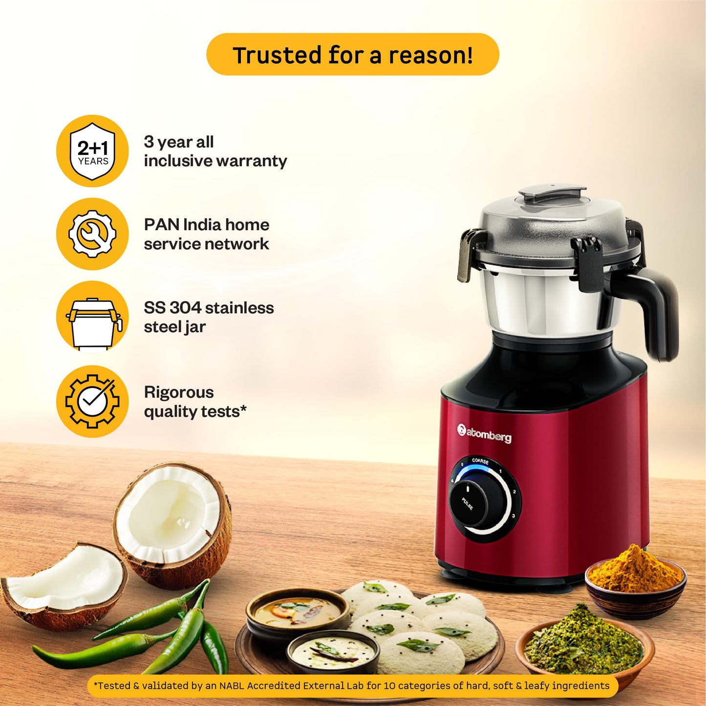 Atomberg Zenova Mixer Grinder | Unique Coarse Mode for Silbatta-like Texture | Intelligent BLDC Motor | Safety Features | 4 Jars including Chopper | Hands-Free Operation (Red Wine)