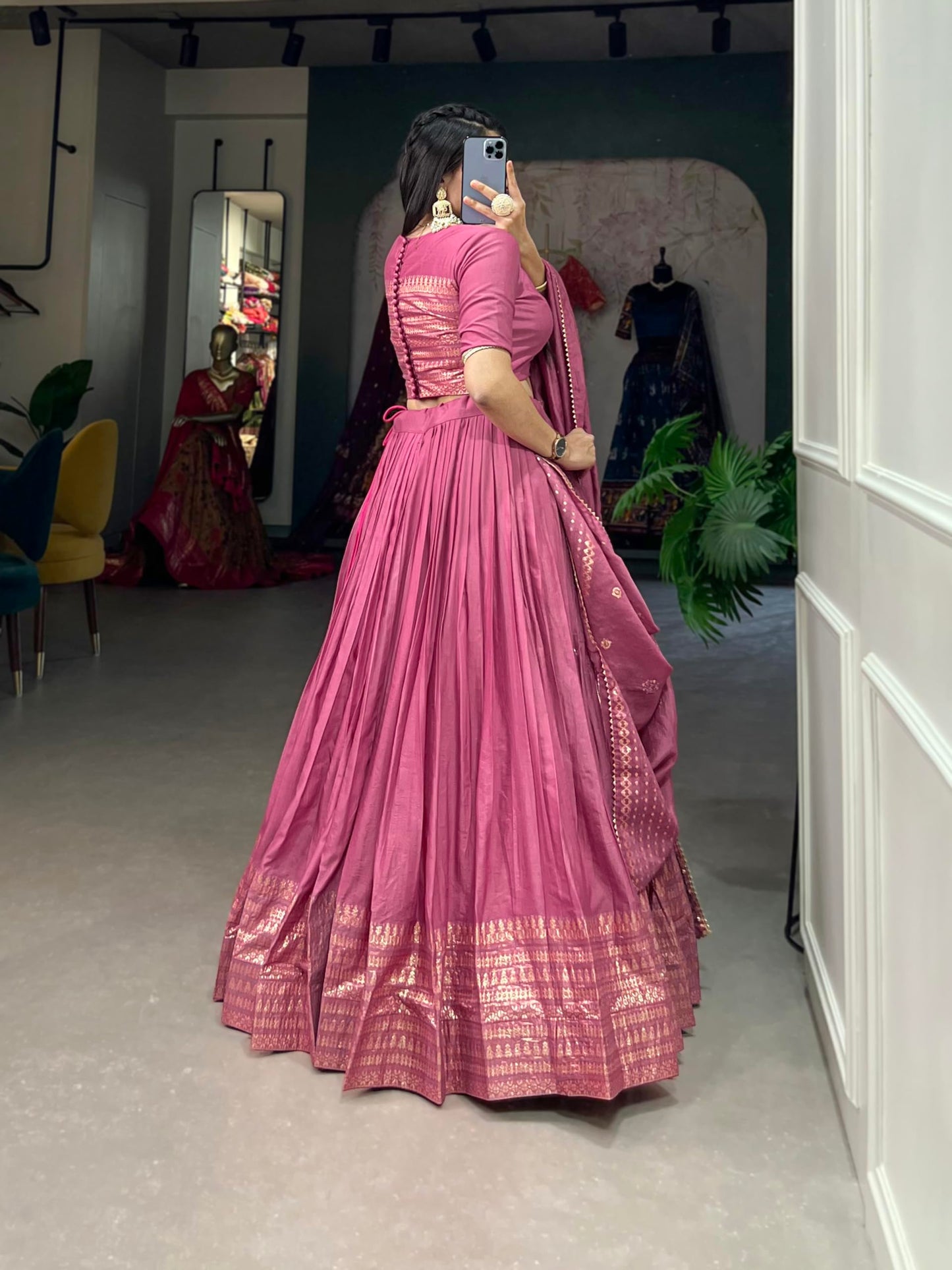 LooknBook Art Women's Plain Chanderi With Zari Weaving Work Border Lehenga Choli (Pink)
