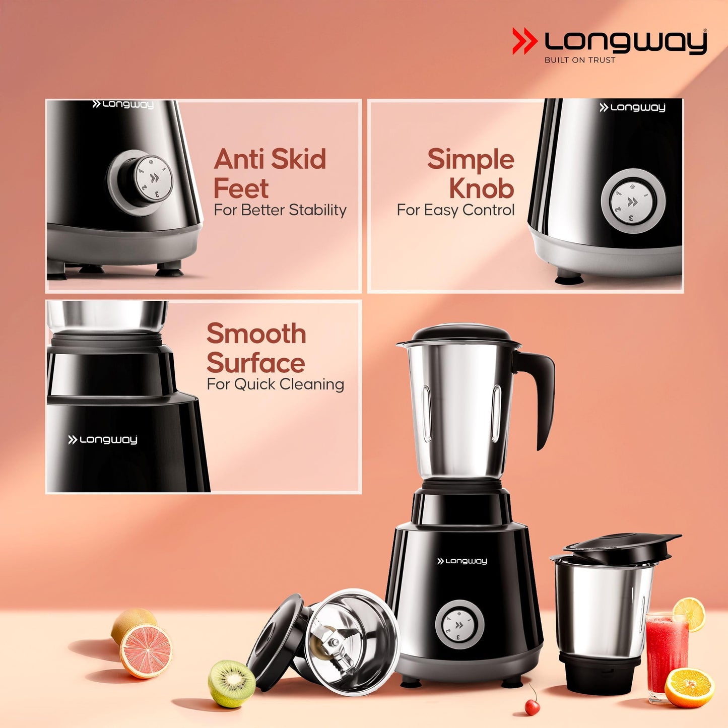 Longway Super Pro 750 Watt Juicer Mixer Grinder with 4 Jars for Grinding, Mixing, Juicing with Powerful Motor | 2 Year Warranty | (Black, 4 Jars)