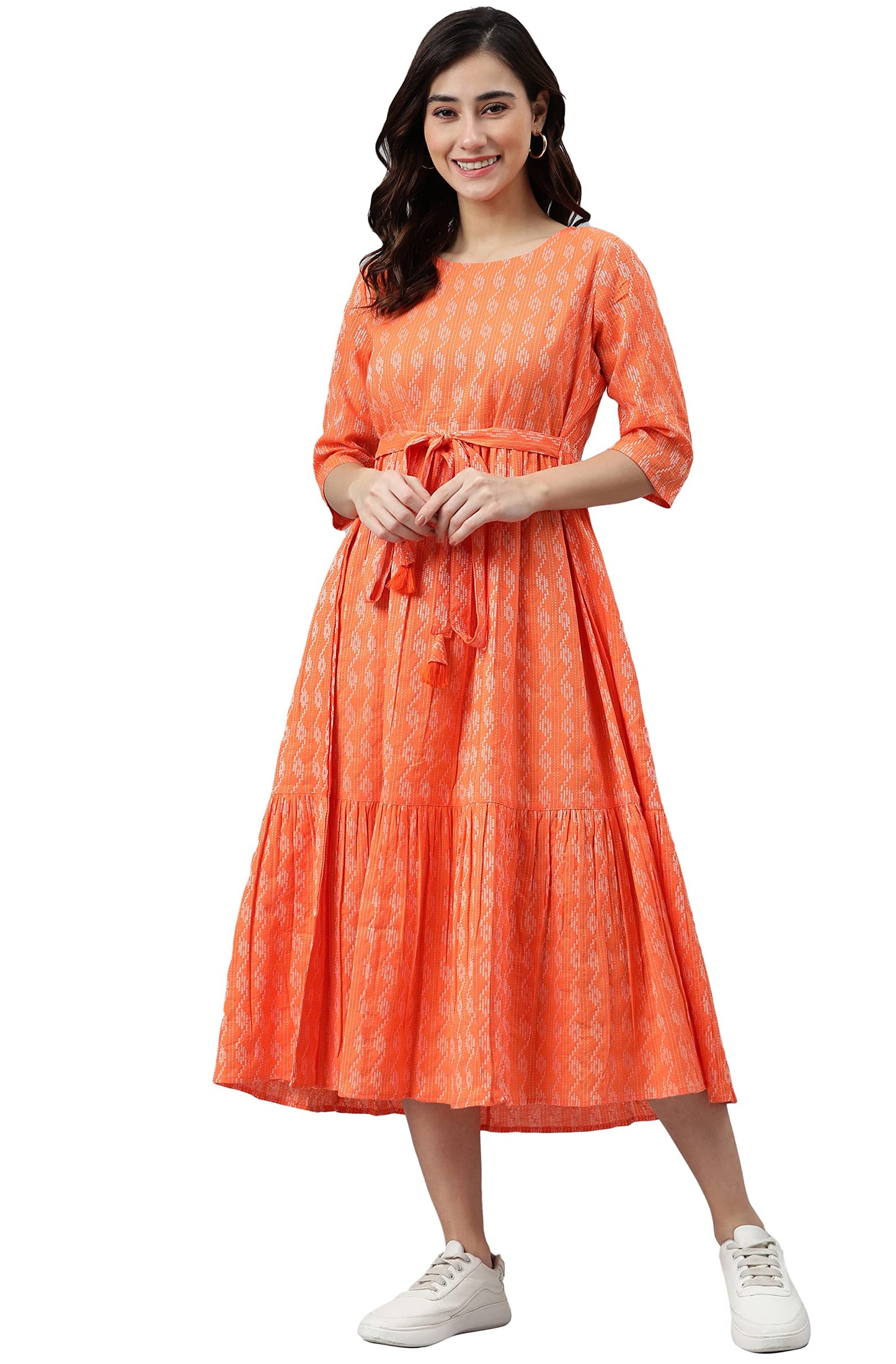 Janasya Women's Orange Cotton Woven Design Tiered Western Dress(JNE3870-DR-XXXL)