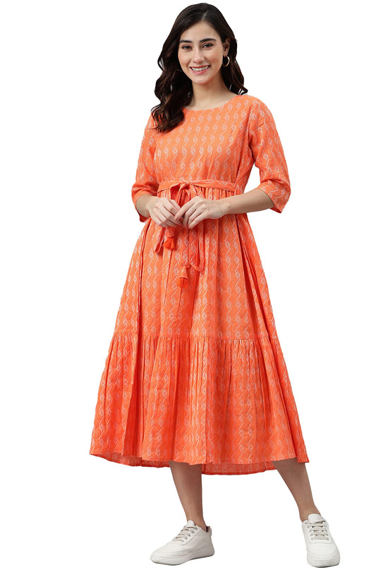 Janasya Women's Orange Cotton Woven Design Tiered Western Dress(JNE3870-DR-XXXL)