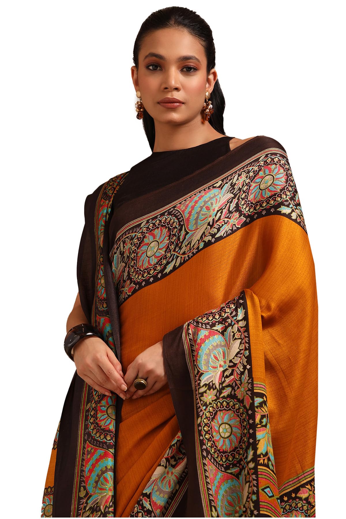 Soch Womens Mustard Pashmina Floral Print Saree