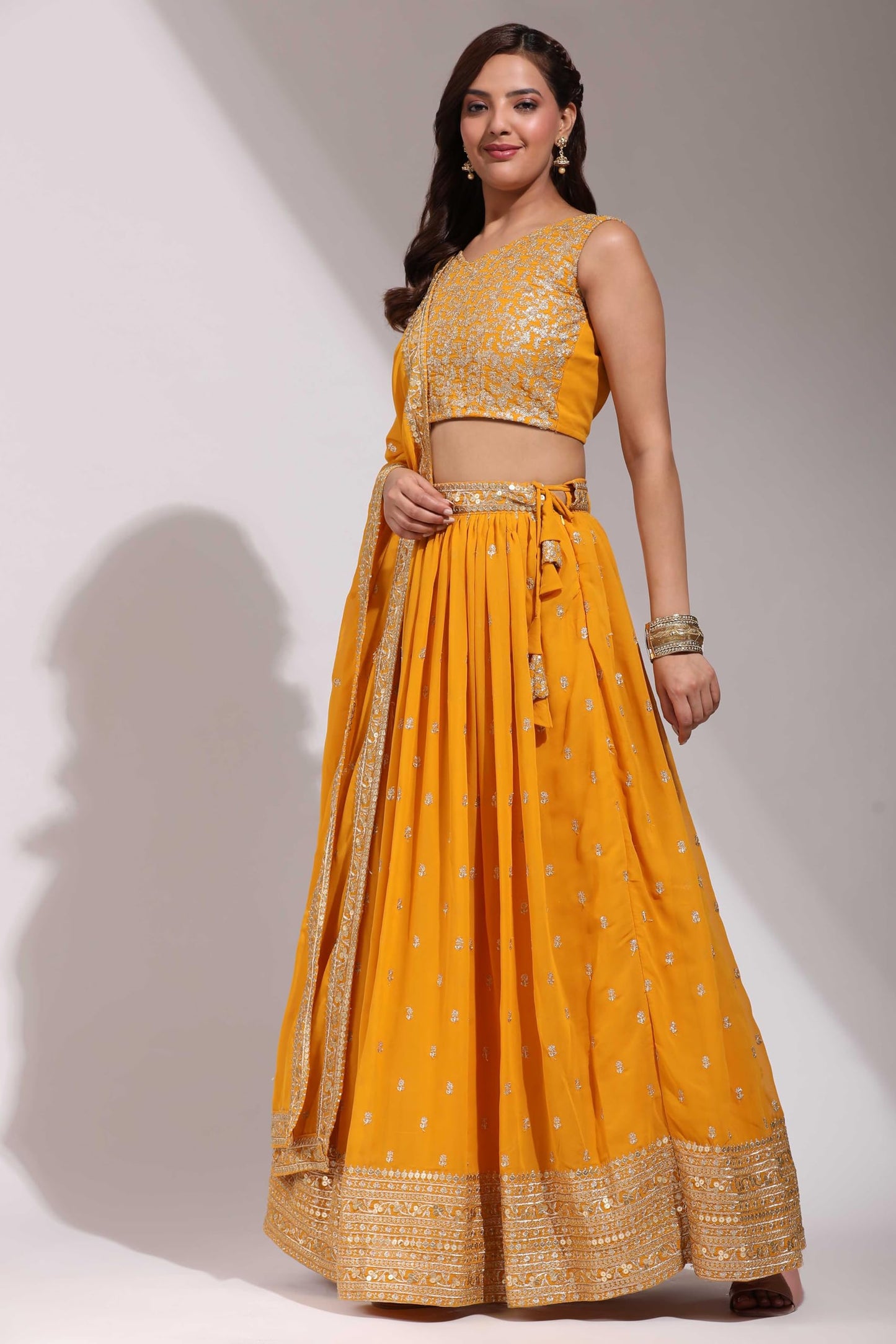 Fabcartz Womens Embroidered Georgette Lehenga Choli with Sequins Work (Yellow)