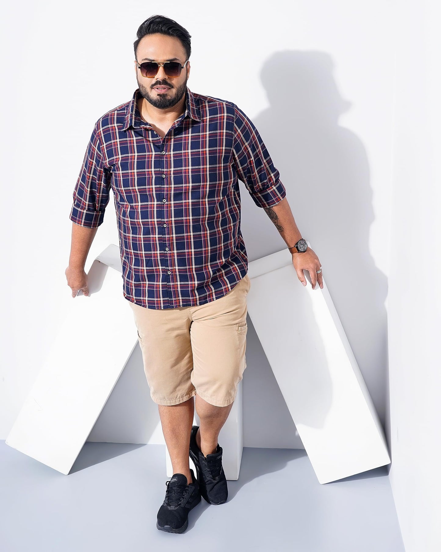 The Indian Garage Co Men's Cotton Checkered Plus Size Regular Fit Shirt (Pl-0822-Sh06-01_Navy 4XL)