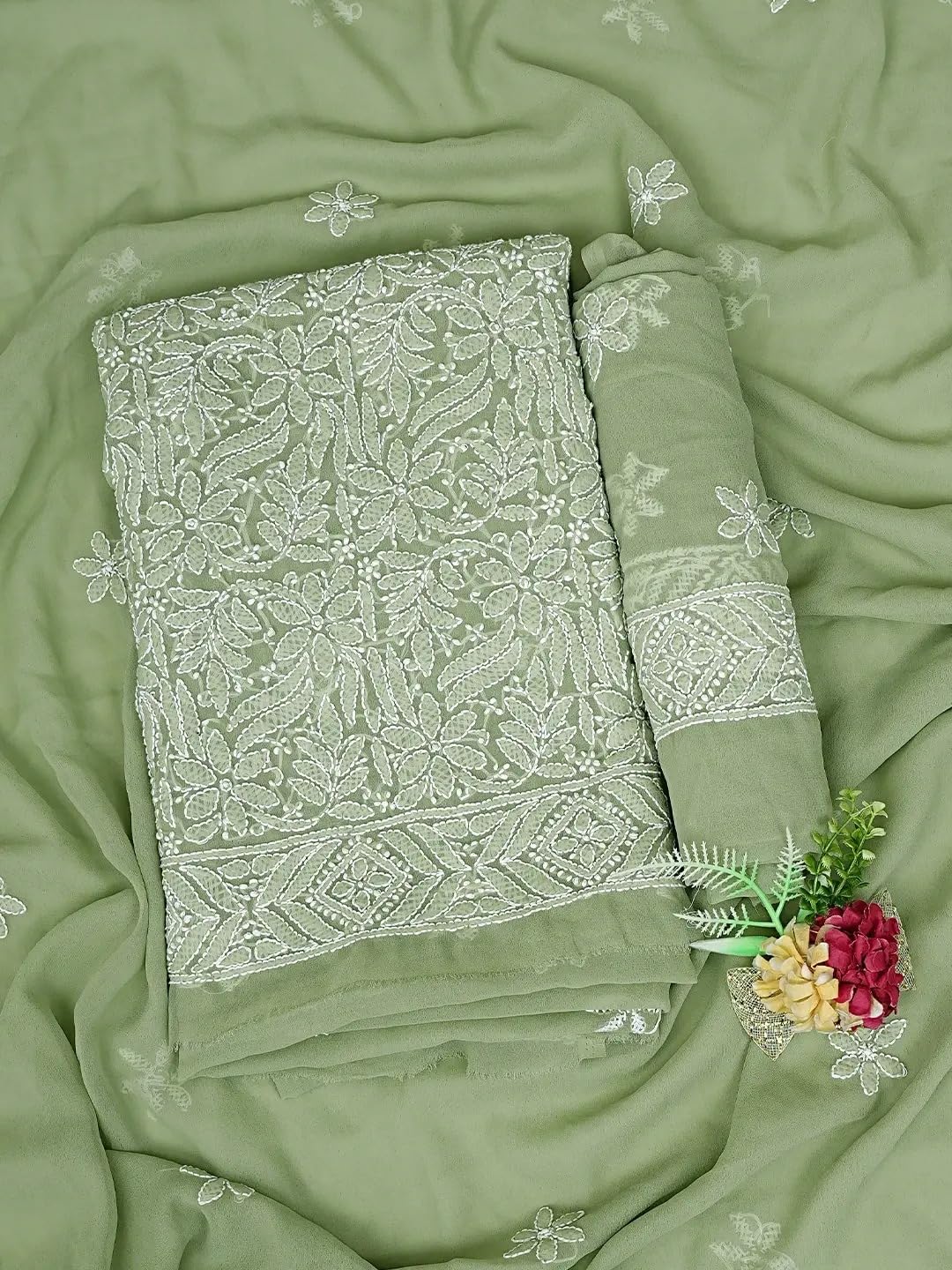 Ada Hand Embroidered Lucknowi Chikankari Unstitched Georgette Dress Material Suit Piece with Dupatta for Women 01A867806 Moss Green