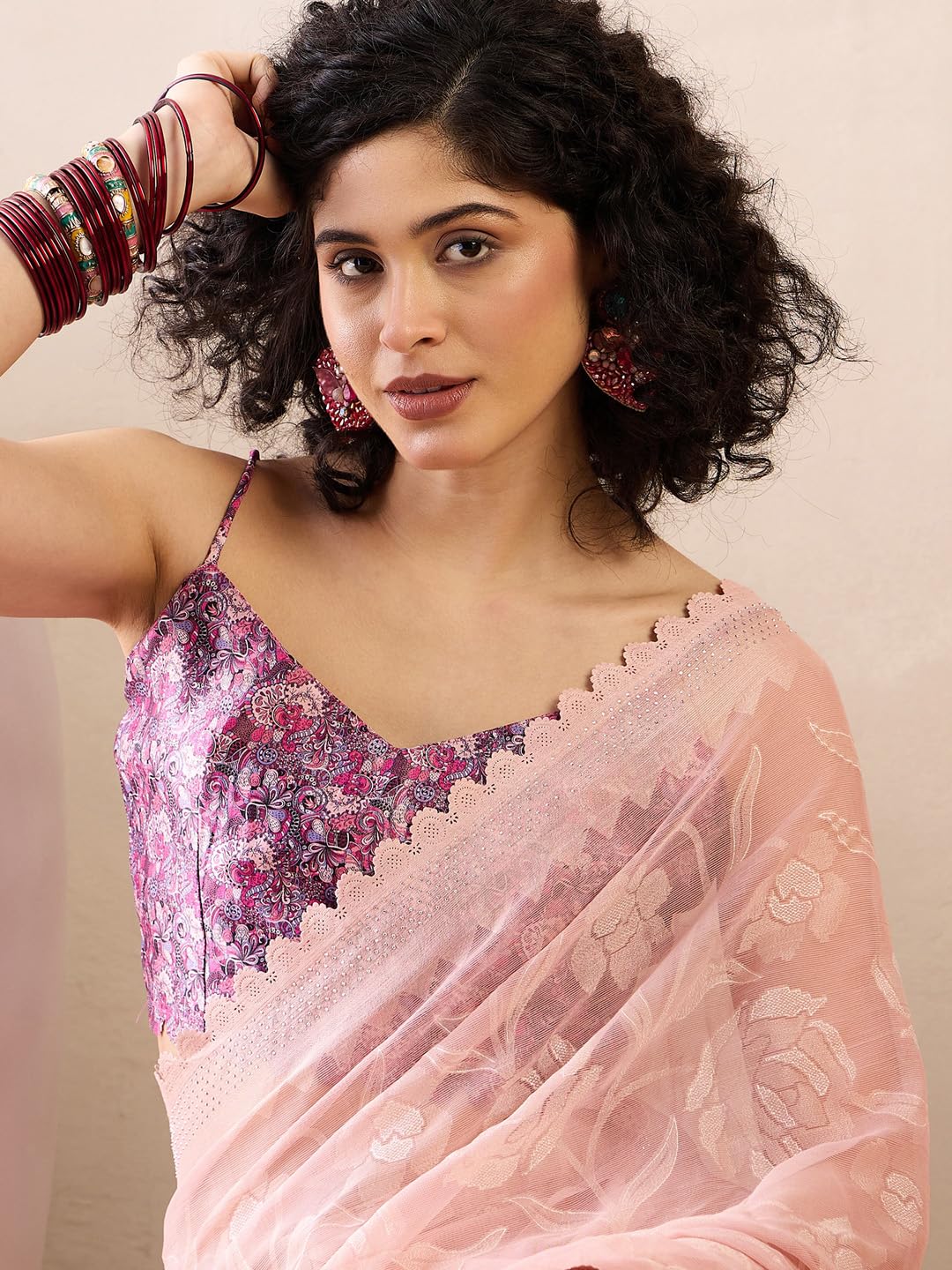 SAREE MALL Women's Beige Chiffon Floral Printed Ready To Wear one Minute Saree With Unstitched Blouse (RTWKINJAL4269_5D)