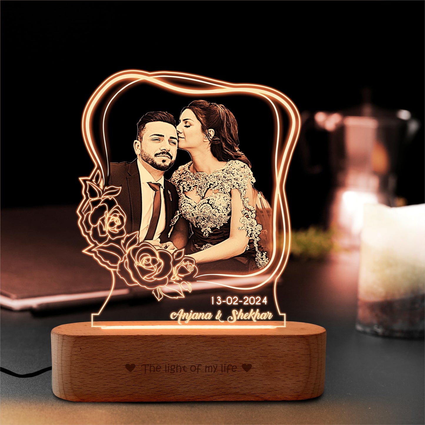 ZOCI VOCI Personalized Valentine Gift for Couple - LED Photo Frame | Customized Anniversary Gift for Wife & Husband | Photo Engraved Lamp (Bloom Light, Warm Light)