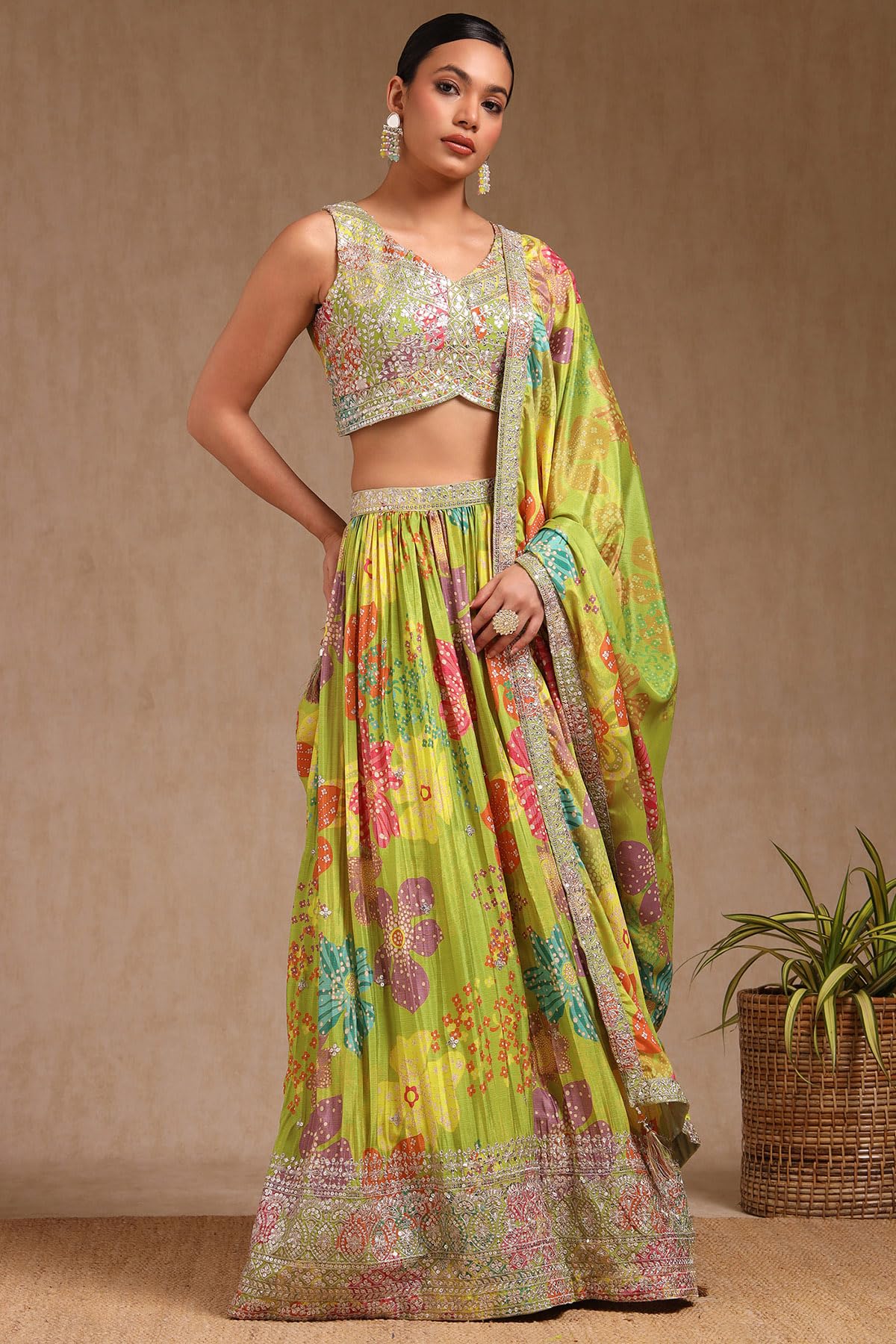 Soch Womens Light Green Chinon Blend Floral Print Lehenga Choli With Sequins