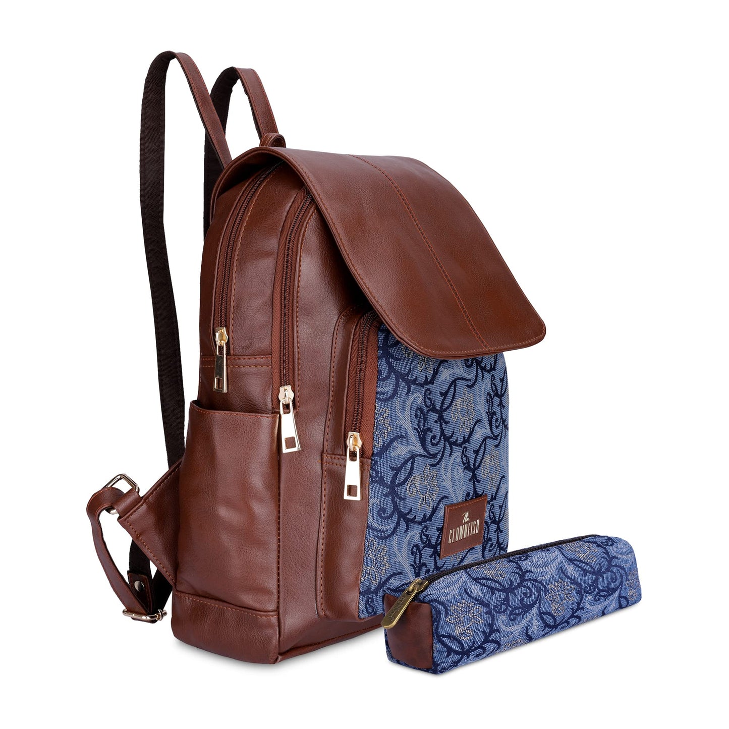 THE CLOWNFISH Combo Of Minerva Faux Leather & Tapestry Women's Backpack College School Girls Bag Casual Travel Backpack For Ladies & Expert Series Pencil Pouch Pen Case (Blue-Floral), 10 Litres