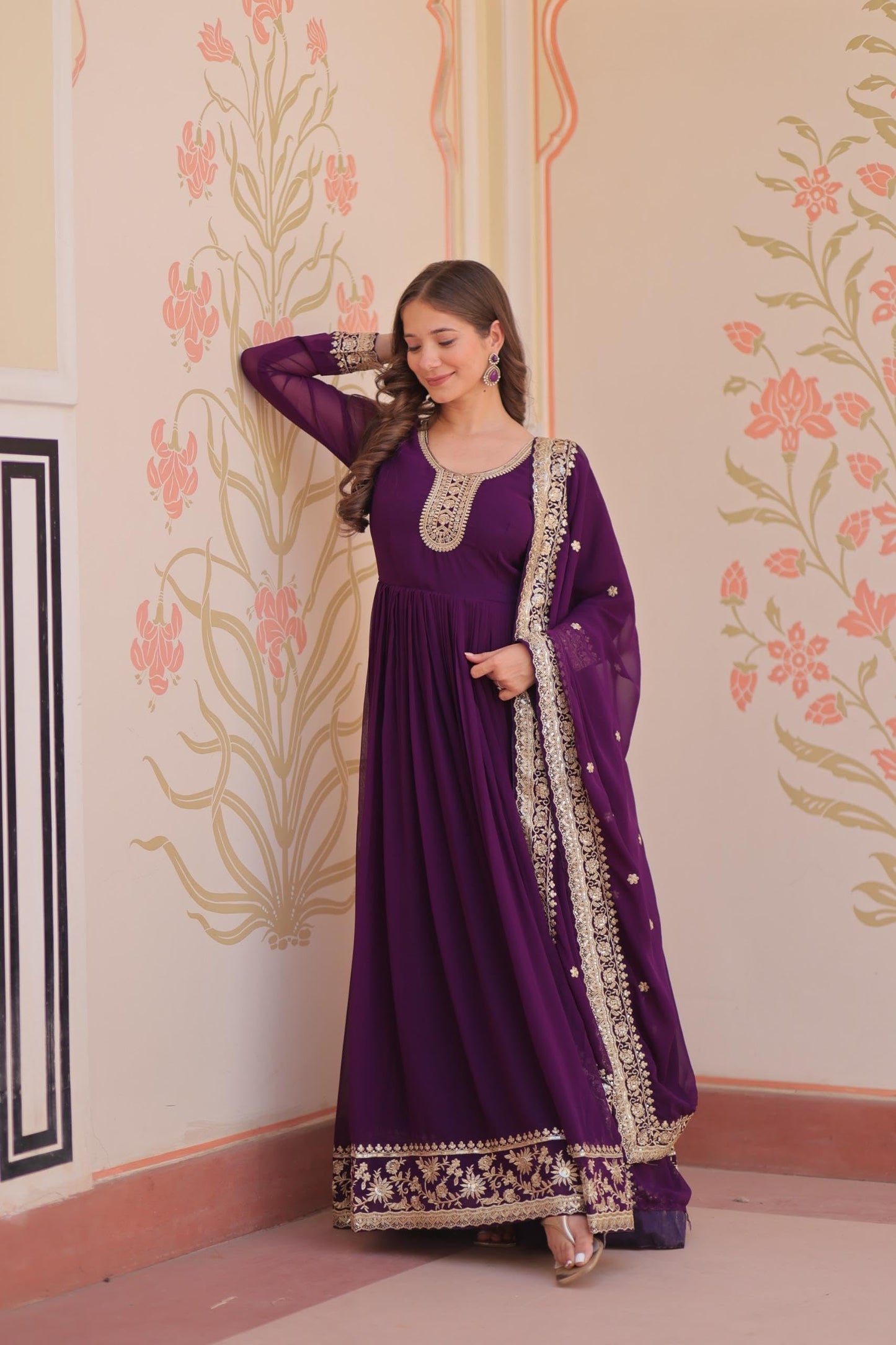 Mehervaa by vinni Purple Anarkali Suit with Gold Embroidery, Long Sleeve Ethnic Dress, Dupatta Included, Traditional Indian Wear (IN, Alpha, L, Regular)