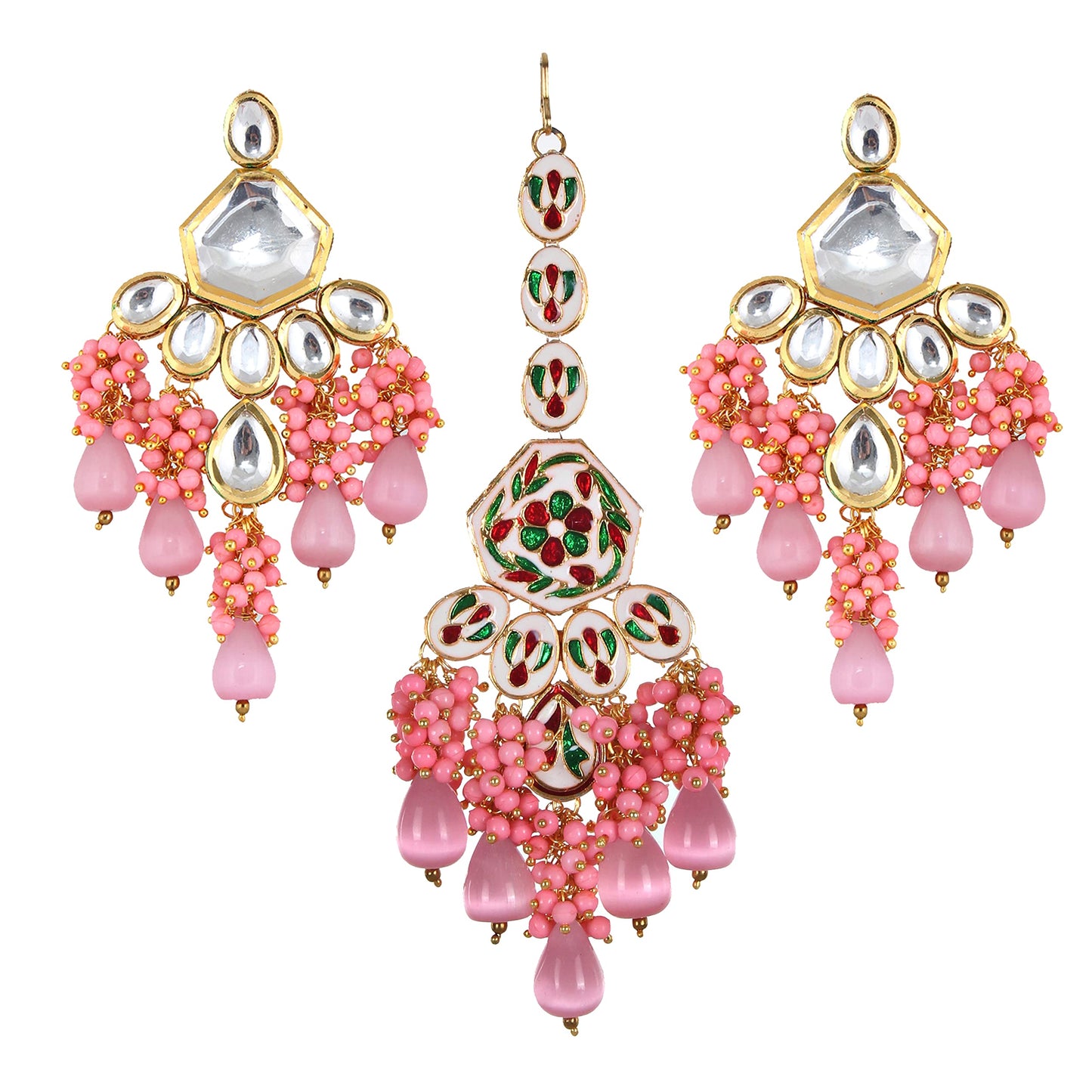 Lucky Jewellery 18K Gold Plated Pink Color Kundan Stone/Uncut Kundan/Dibbi Kundan/Meena Kundan/Lucknow Kundan with Monalisa Drop Bridal Set for Girls & Women (5910-M4SK-1574-PK)