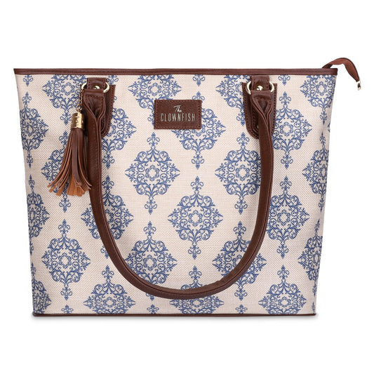 The Clownfish Percy Printed Handicraft Fabric Handbag for Women Office Bag Ladies Shoulder Bag Tote for Women College Girls (Off White)