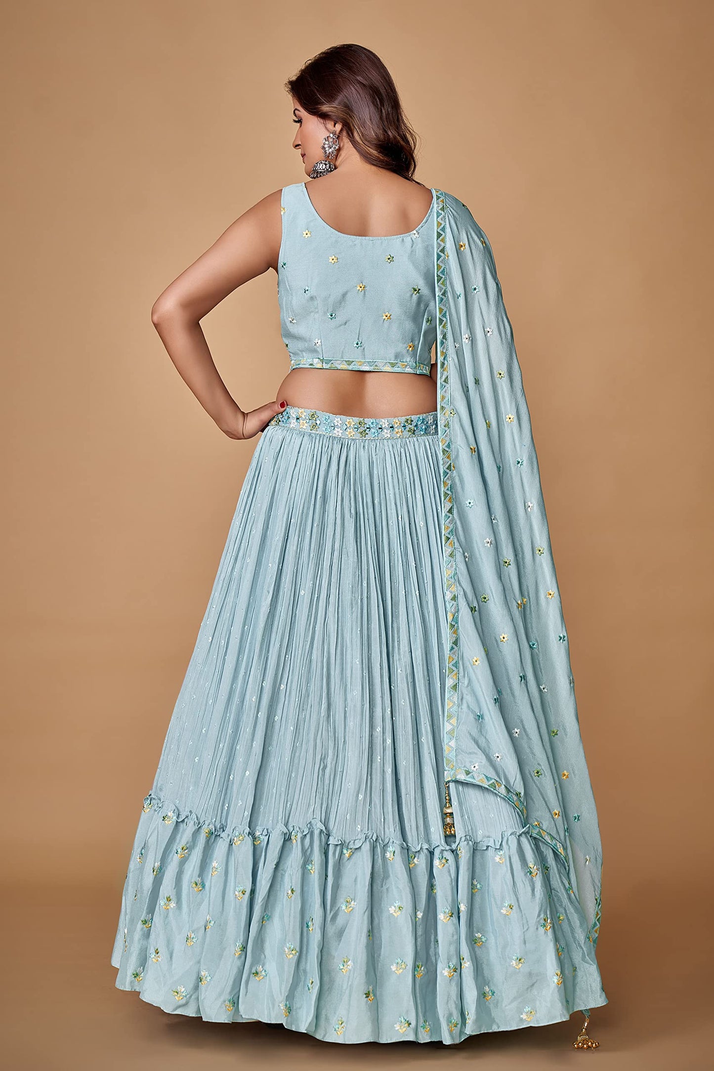 FUSIONIC Sequins With Pearl Powder Blue Ruffle Lehenga