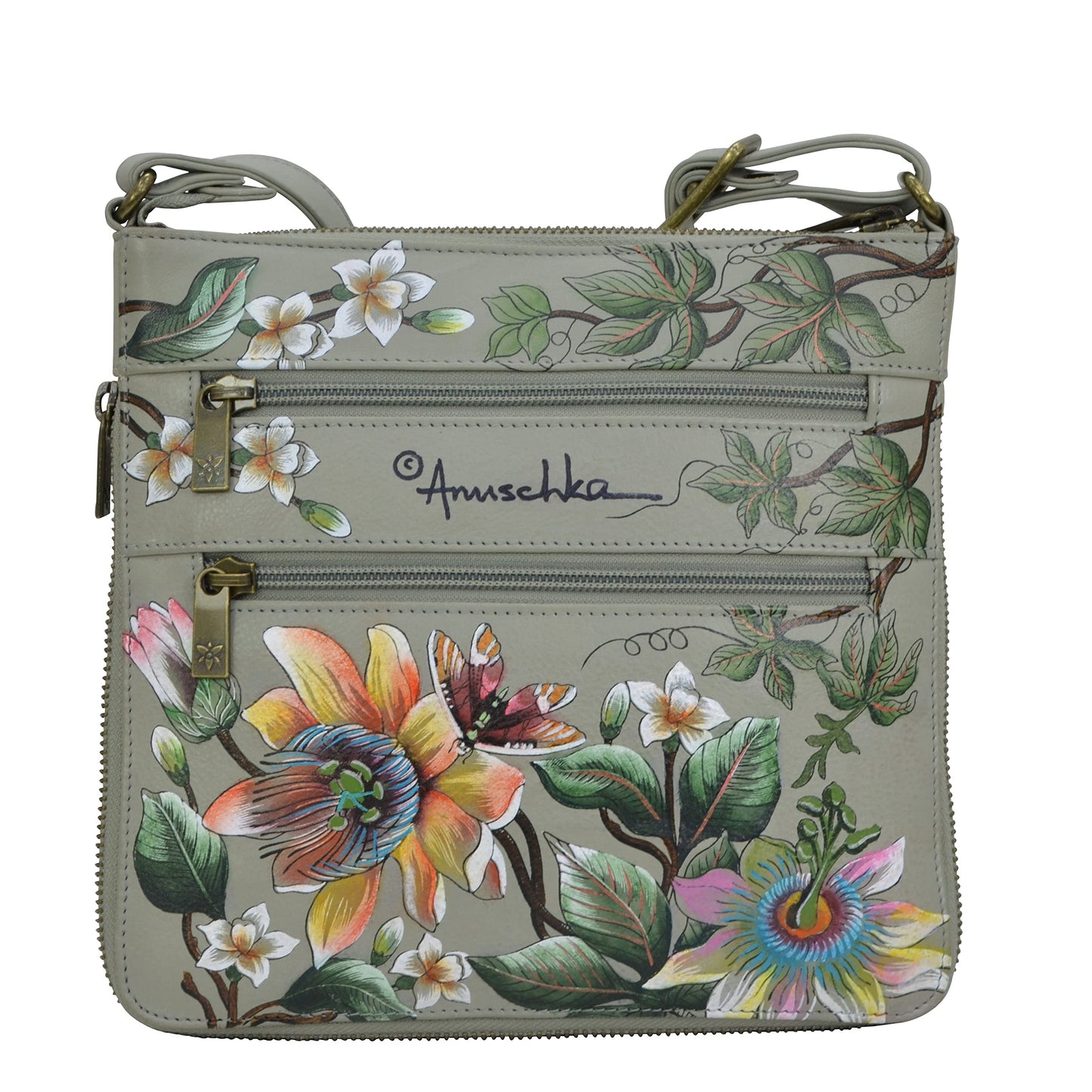 Anuschka Women’s Hand Painted Genuine Leather Expandable Travel Crossbody - Floral Passion