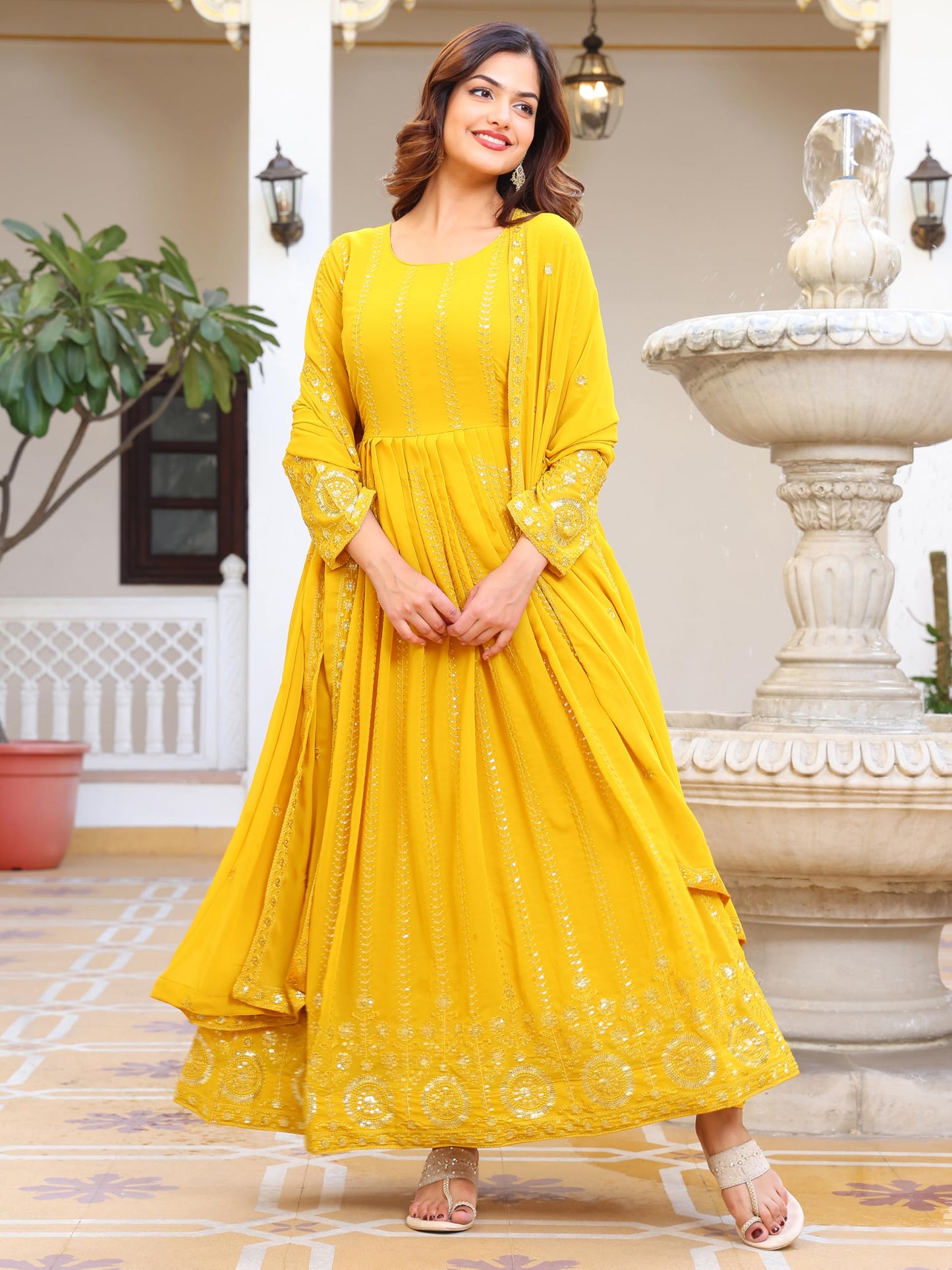 Fashion Basket Embroidered Anarkali Dress for Women Yellow