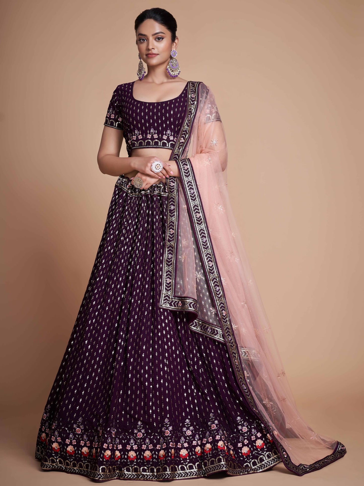 Zeel Clothing Women Sequins Thread Embroidered Georgette Semi-stitched Lehenga Choli With Dupatta (6021-Purple-Wedding-Stylish-Latest; Free Size)