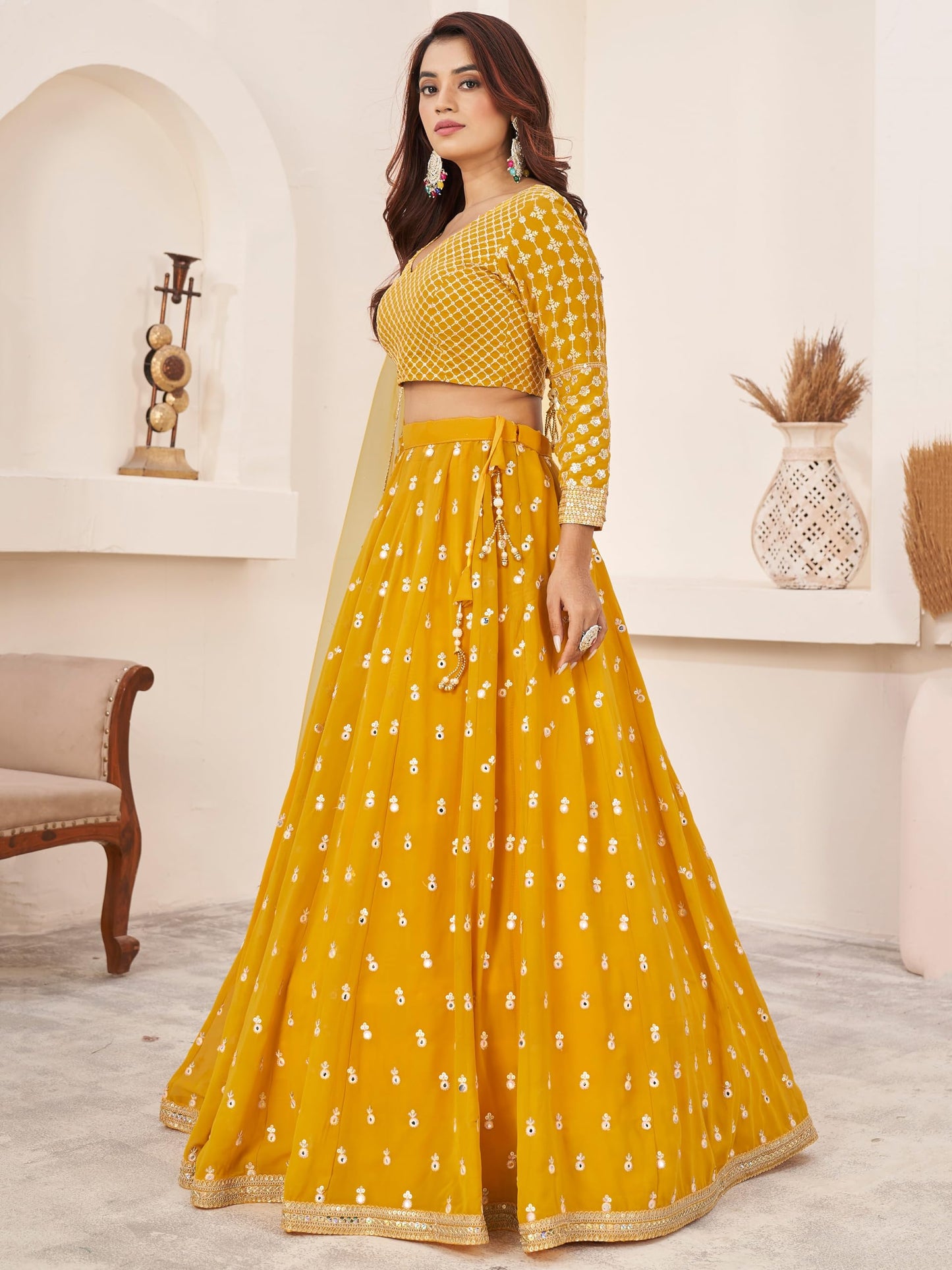 Zeel Clothing Women's Sequins Embroidered Georgette New Lehenga Choli with Dupatta (5071-Yellow-Wedding-Lehenga-Choli-Latest; Free Size)