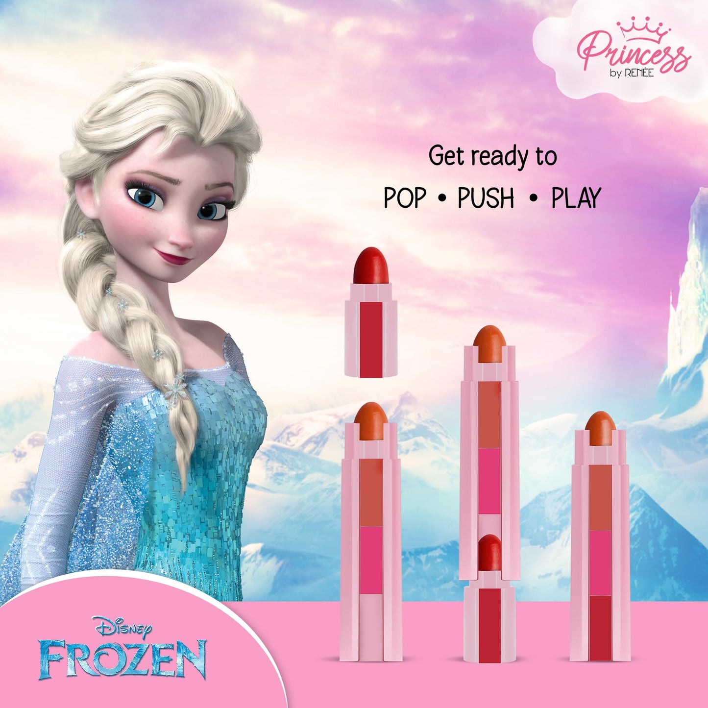RENEE Disney Frozen Princess By Candy 3-In-1 Tinted Matte Lipstick Elsa For Pre-Teen Girls - 3 Versatile Shades In One Stick With No Parabens - Dermatologically Tested, Peta Certified 4.5G