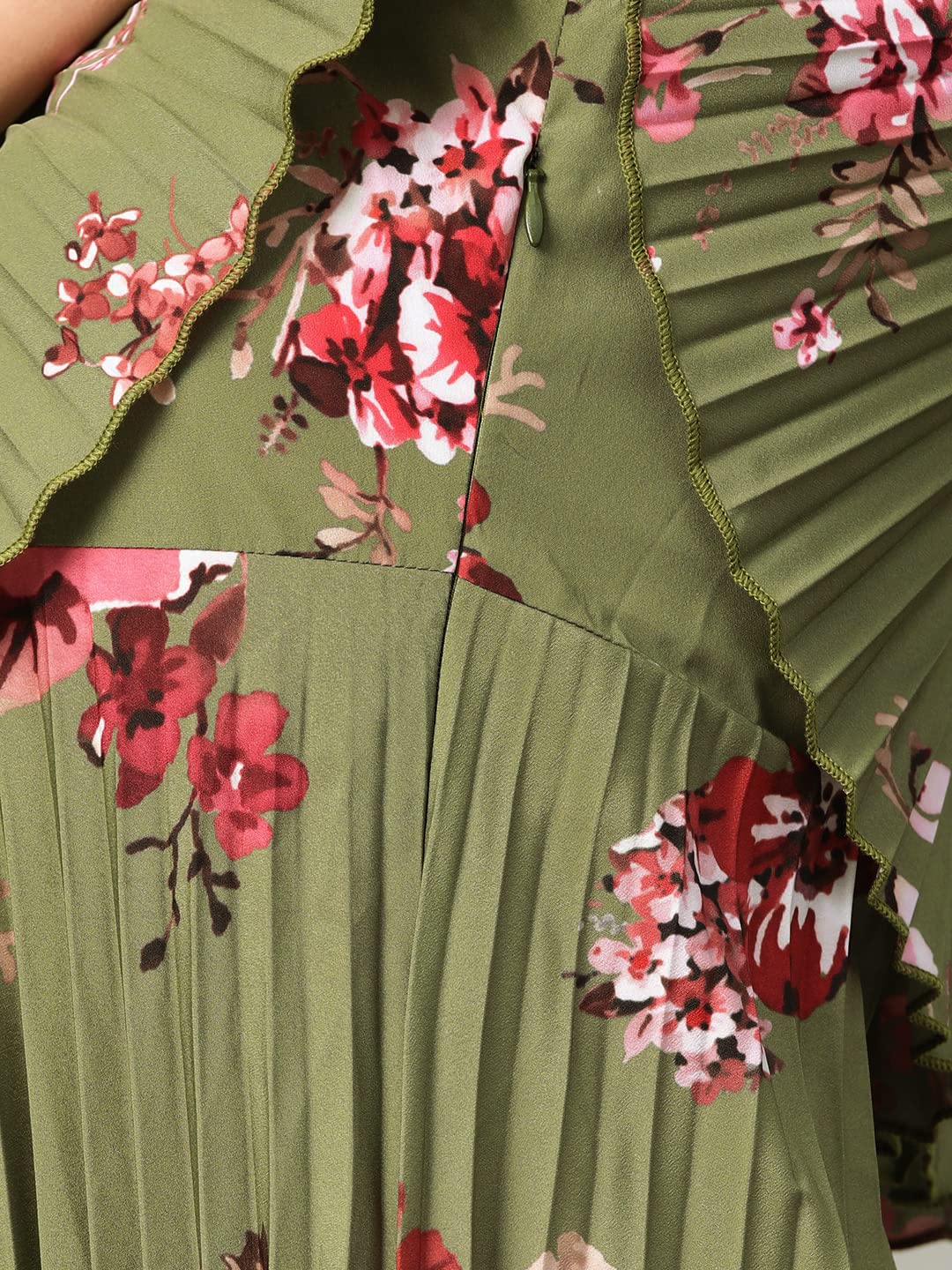 SASSAFRAS Olive Floral Strappy Pleated Maxi Dress