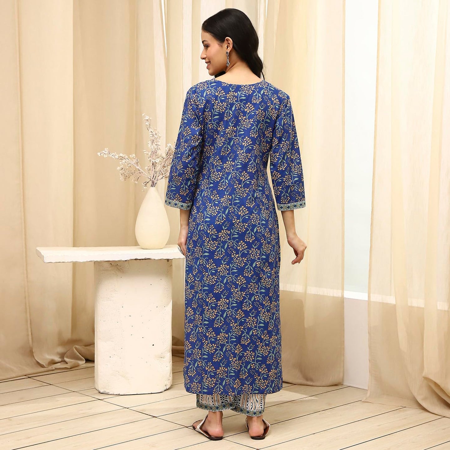 BIBA Women Royal Blue Cotton Screen Print Unstitched Suit Set_FREE SIZE